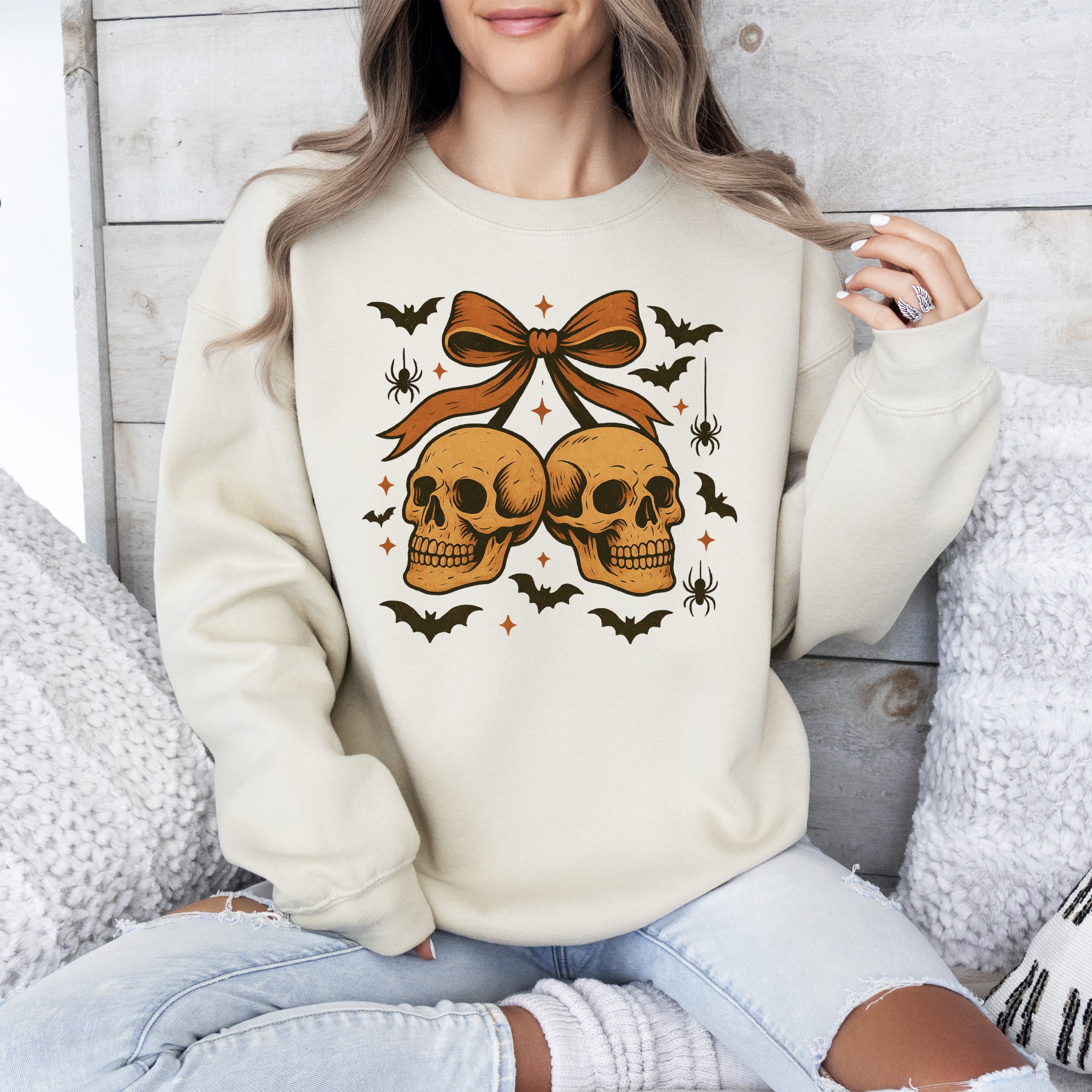 Skull Bow Coquette Bats Ghost Western Halloween Retro Vintage Spooky Graphic Sweatshirt