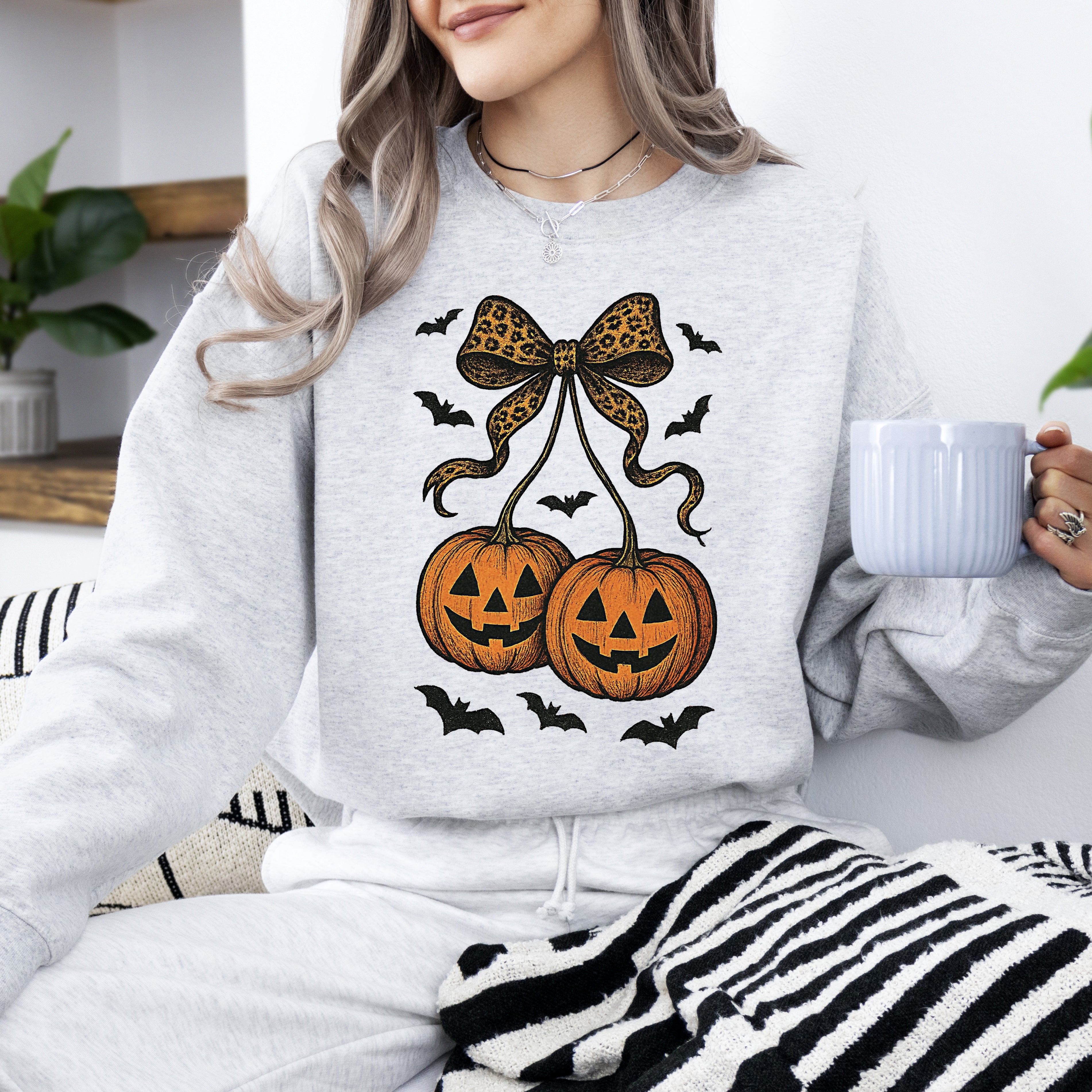 Pumpkin Coquette Bow Ghosts Halloween Retro Vintage Spooky Fall Graphic Sweatshirt