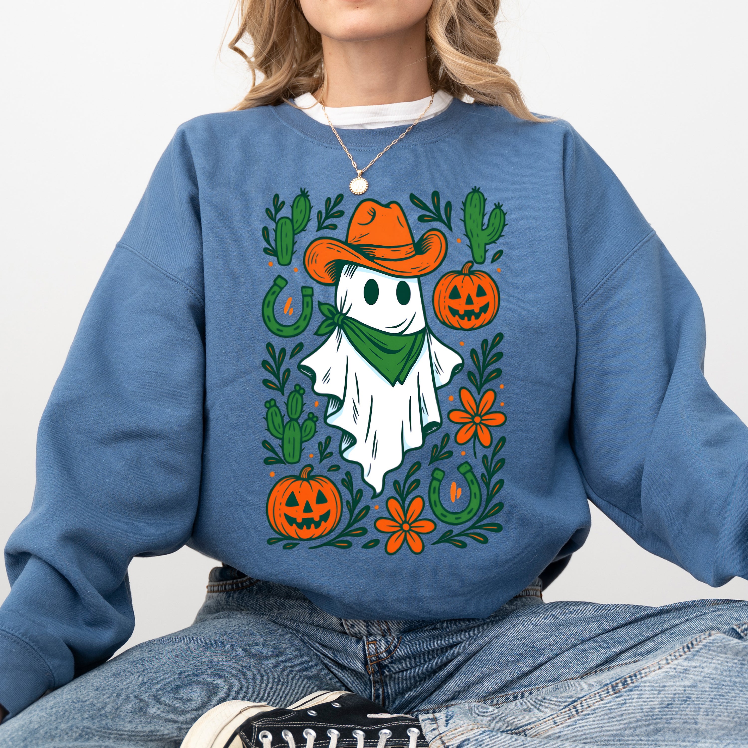 Western Ghost Cowboy Pumpkin Halloween Retro Vintage Spooky Costume Fall Graphic Sweatshirt