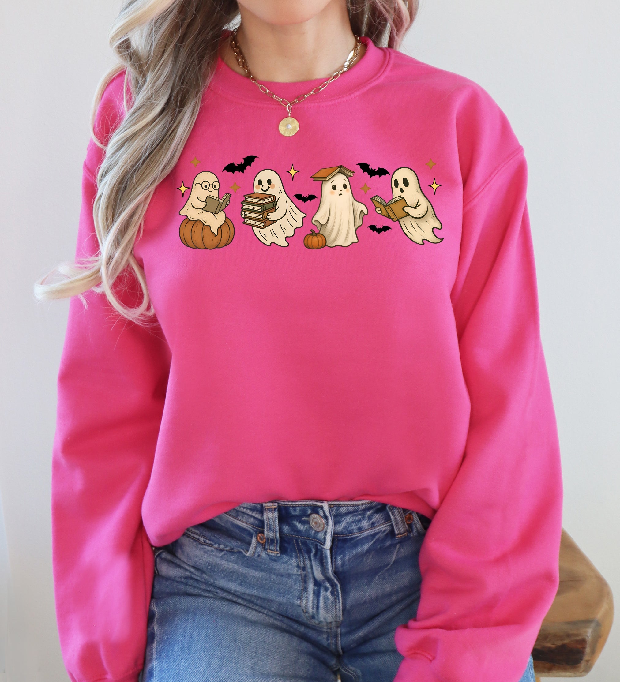 Reading Mini Ghosts Pink Neon Book Lover Halloween Retro Vintage Spooky Graphic Sweatshirt