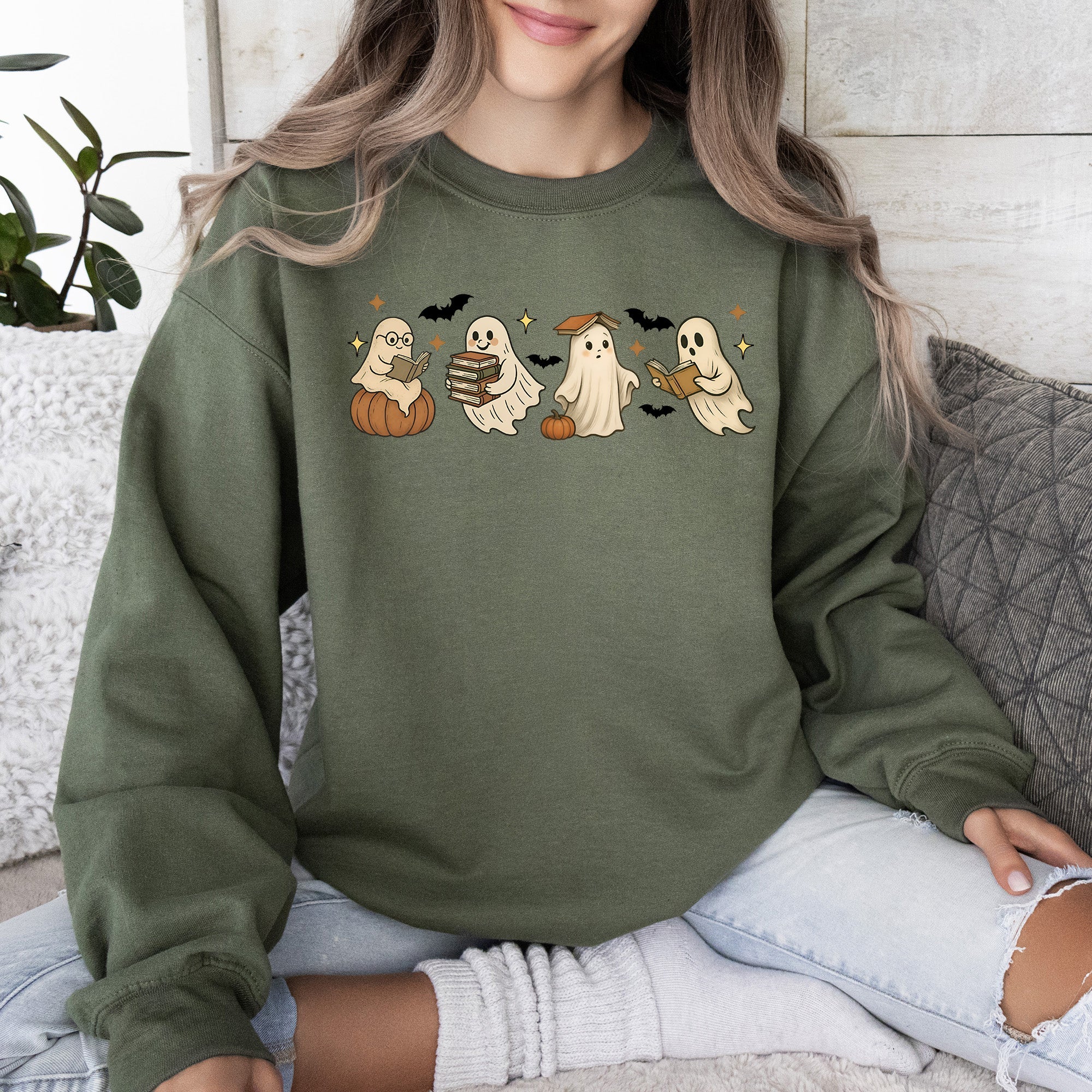 Reading Mini Ghosts Pink Neon Book Lover Halloween Retro Vintage Spooky Graphic Sweatshirt
