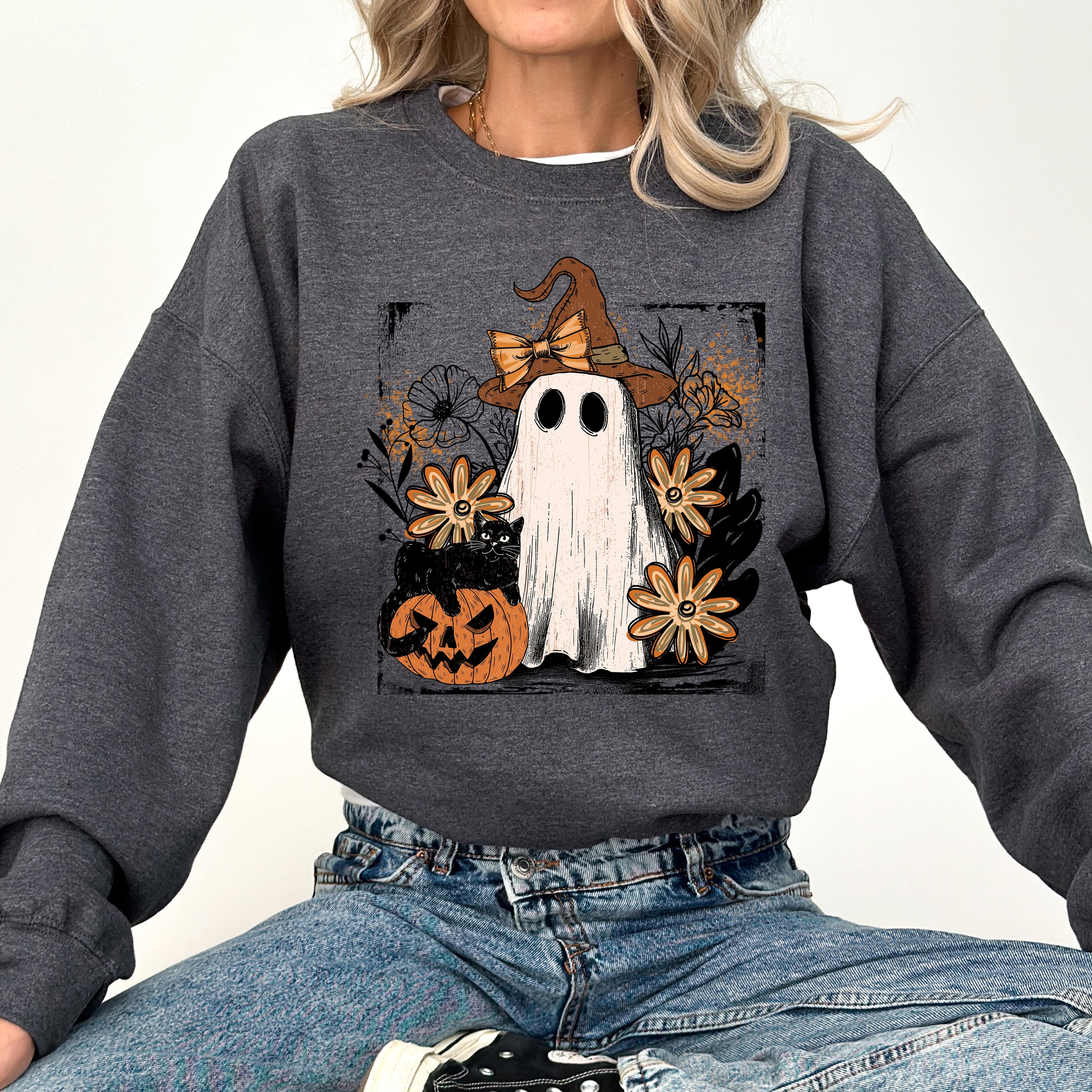 Pink Neon Ghost Witch Bow Pumpkin Floral Coquette Retro Halloween Graphic Sweatshirt