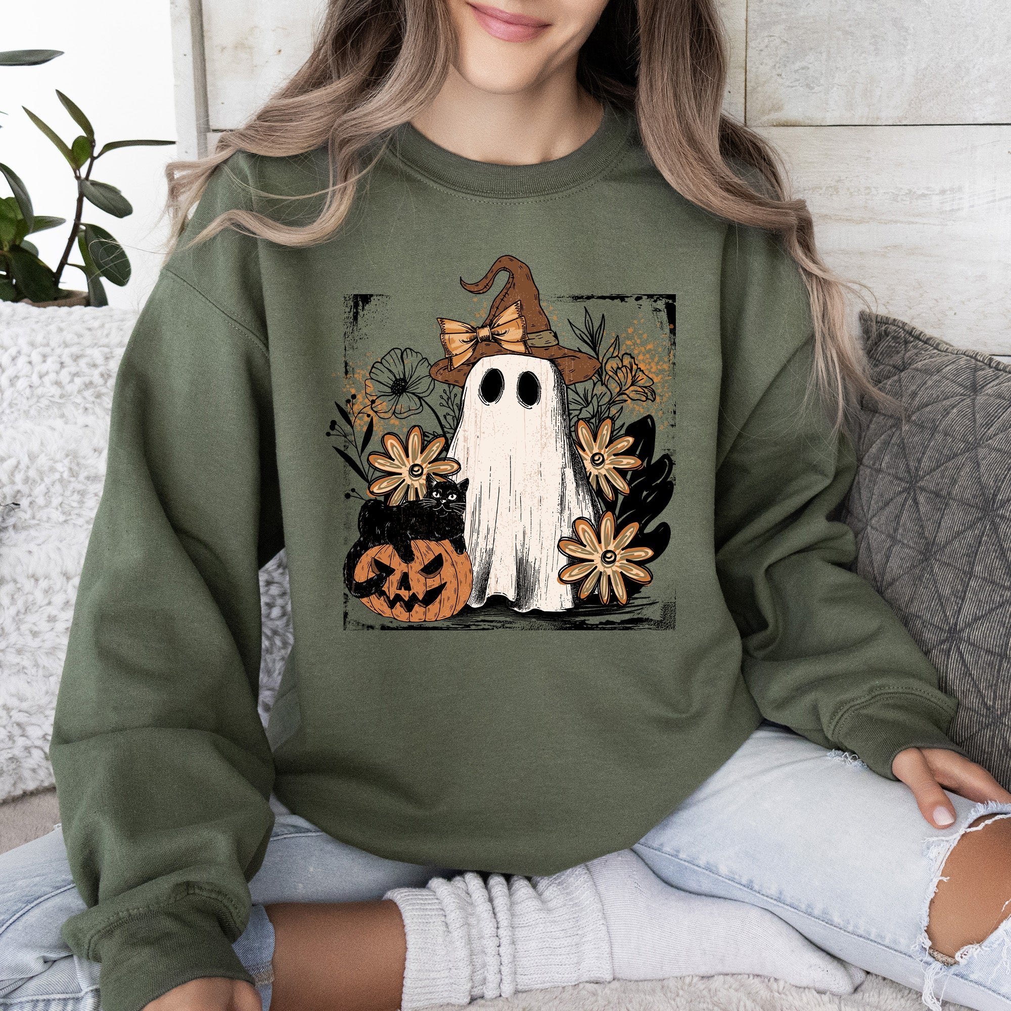 Pink Neon Ghost Witch Bow Pumpkin Floral Coquette Retro Halloween Graphic Sweatshirt