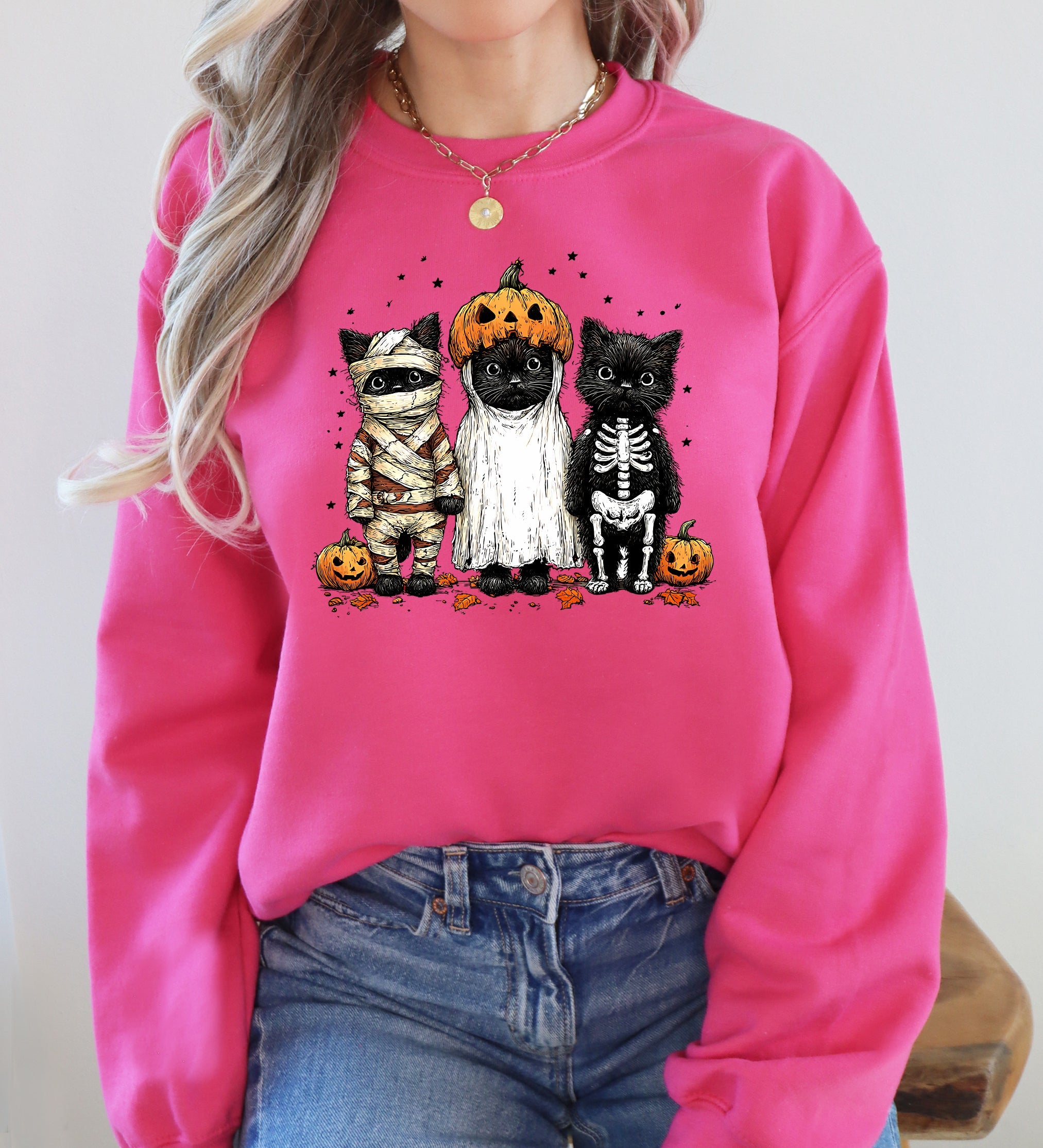 Funny Halloween Cats Retro Ghost Pumpkin Vintage Nostalgic Spooky Season Graphic Sweatshirt