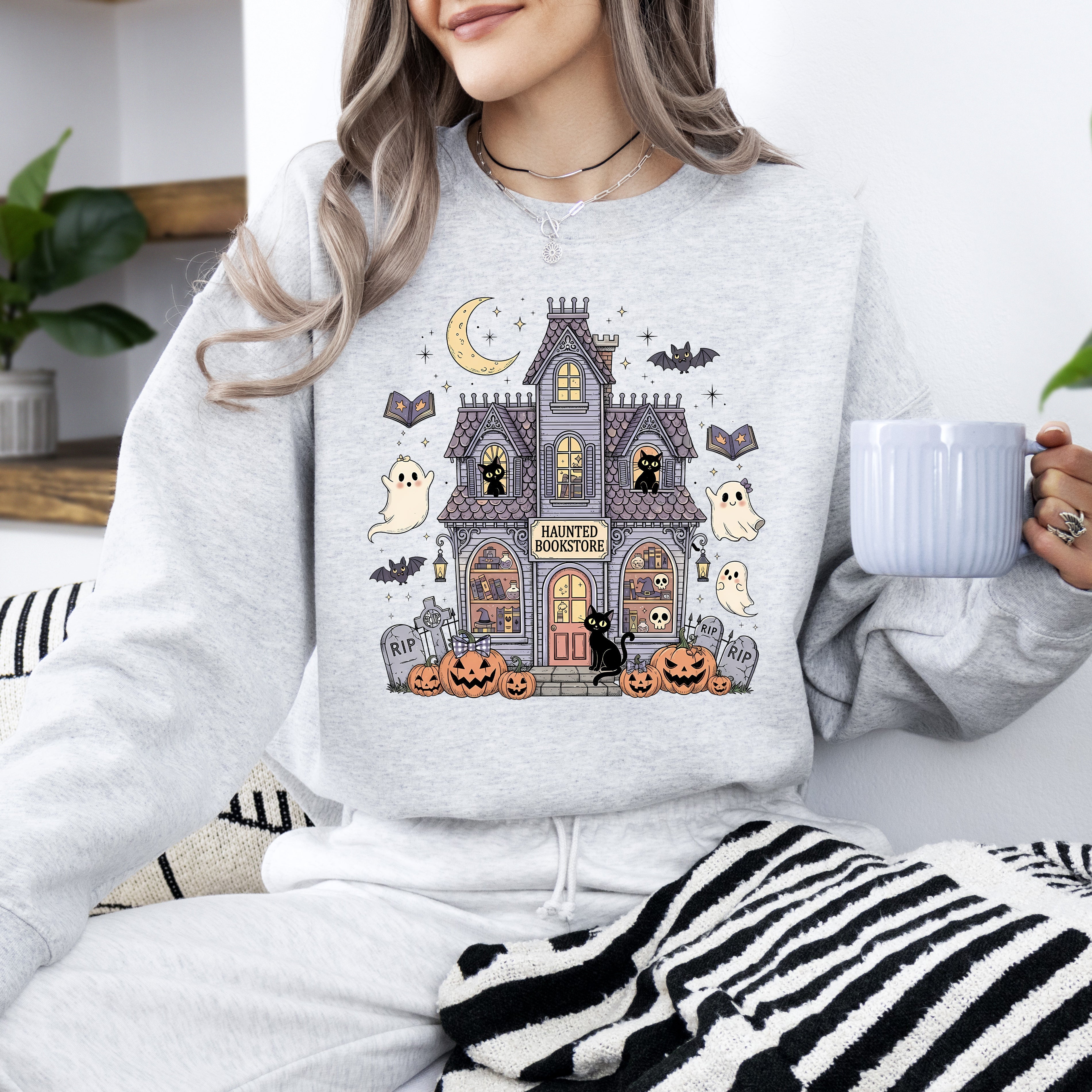 Haunted Book Store Ghost Halloween Vintage Pumpkin Retro Spooky Graphic Sweatshirt