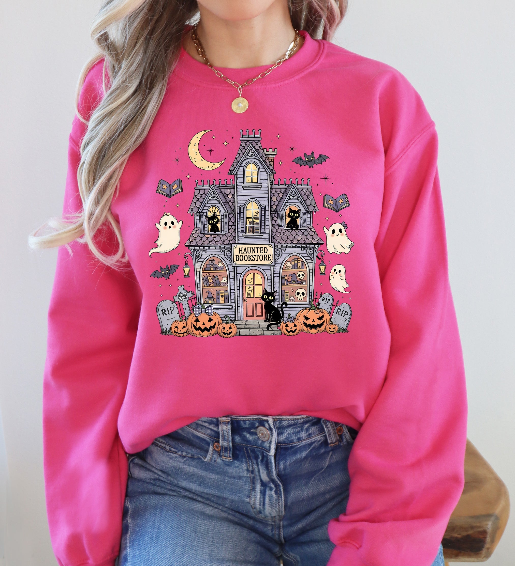 Haunted Book Store Ghost Halloween Vintage Pumpkin Retro Spooky Graphic Sweatshirt