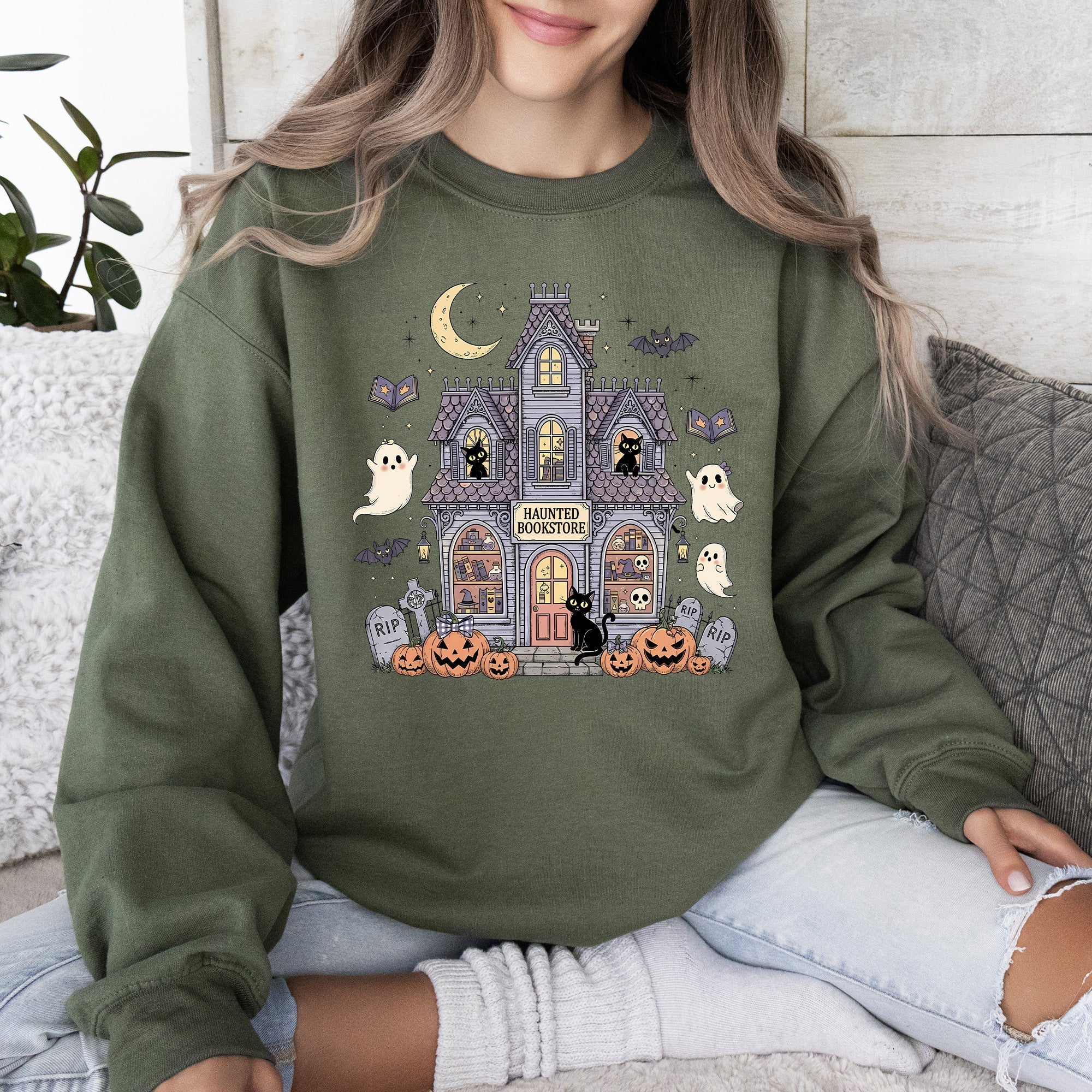 Haunted Book Store Ghost Halloween Vintage Pumpkin Retro Spooky Graphic Sweatshirt