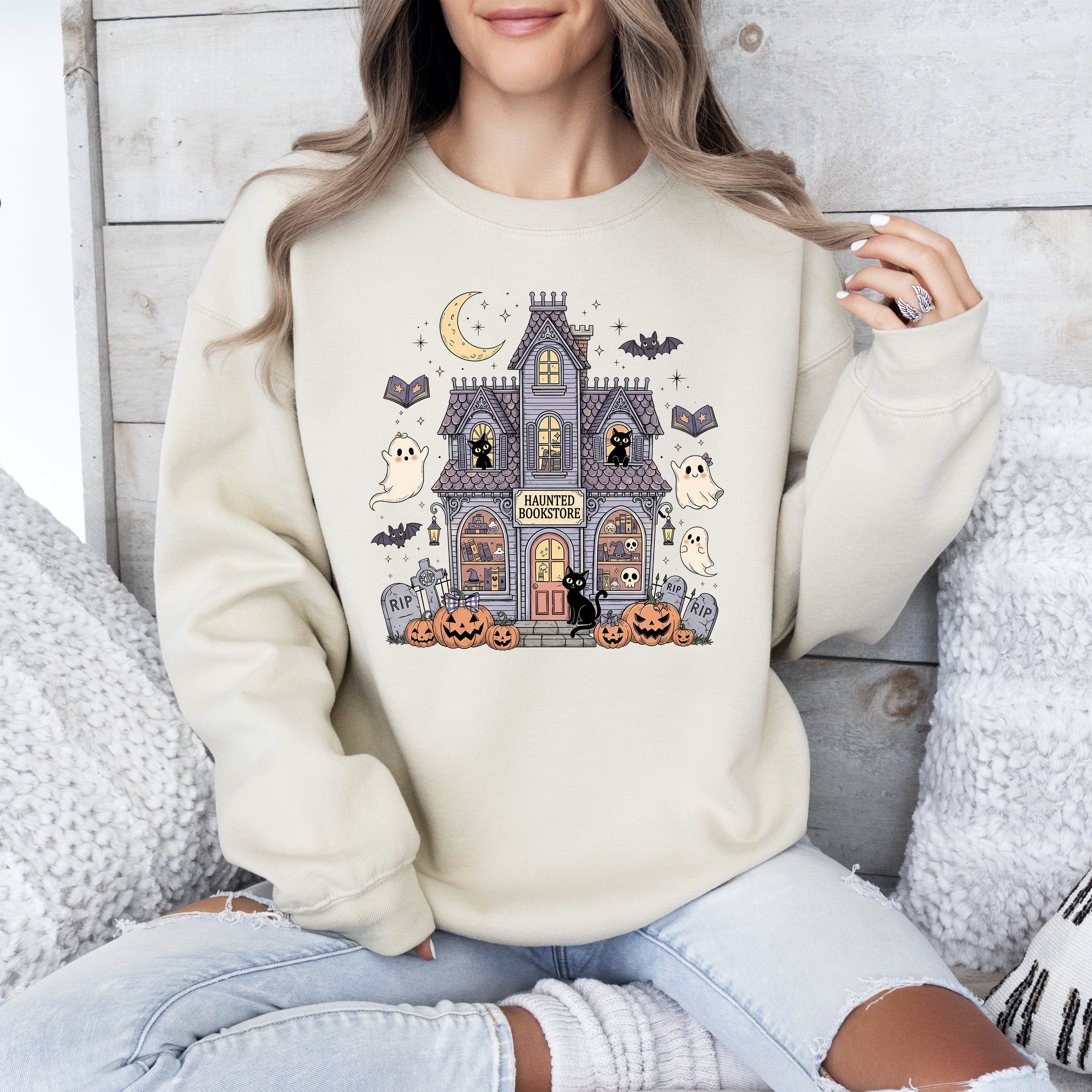 Haunted Book Store Ghost Halloween Vintage Pumpkin Retro Spooky Graphic Sweatshirt