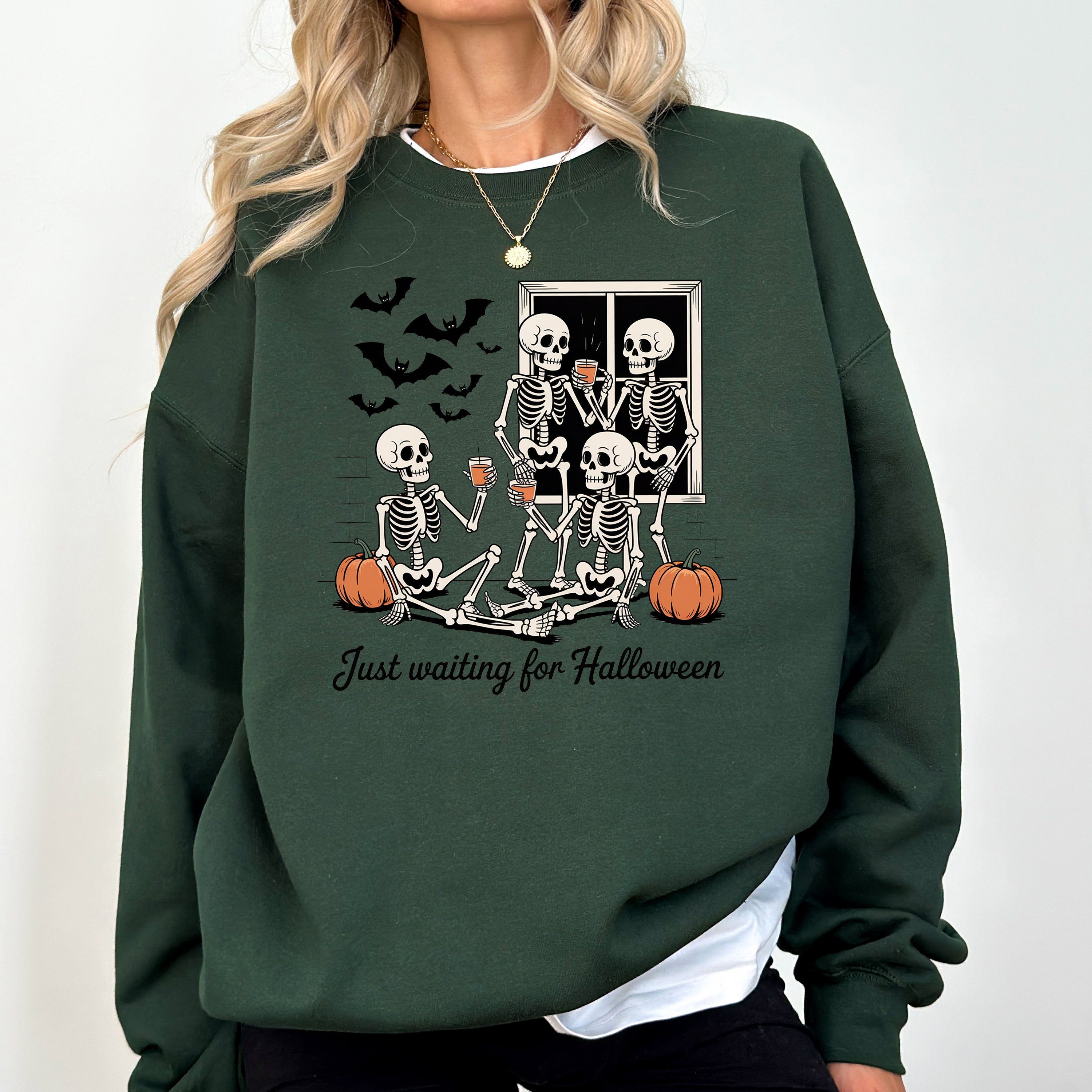 Just Waiting for Halloween Skeleton Ghost Vintage Retro Spooky Costume Fall Graphic Sweatshirt