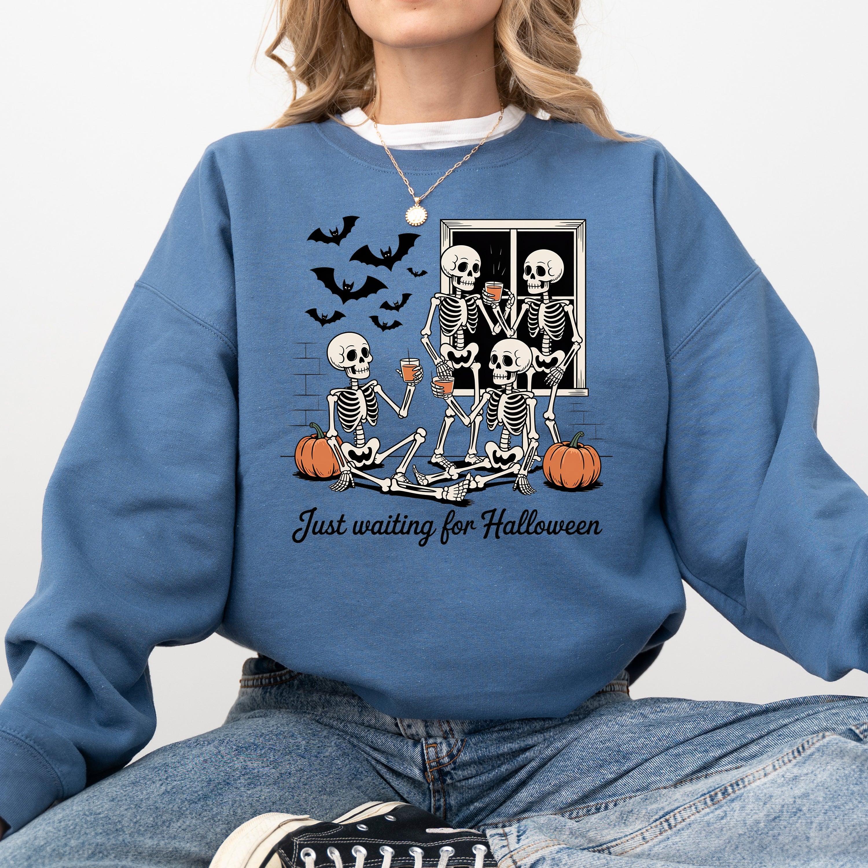 Just Waiting for Halloween Skeleton Ghost Vintage Retro Spooky Costume Fall Graphic Sweatshirt
