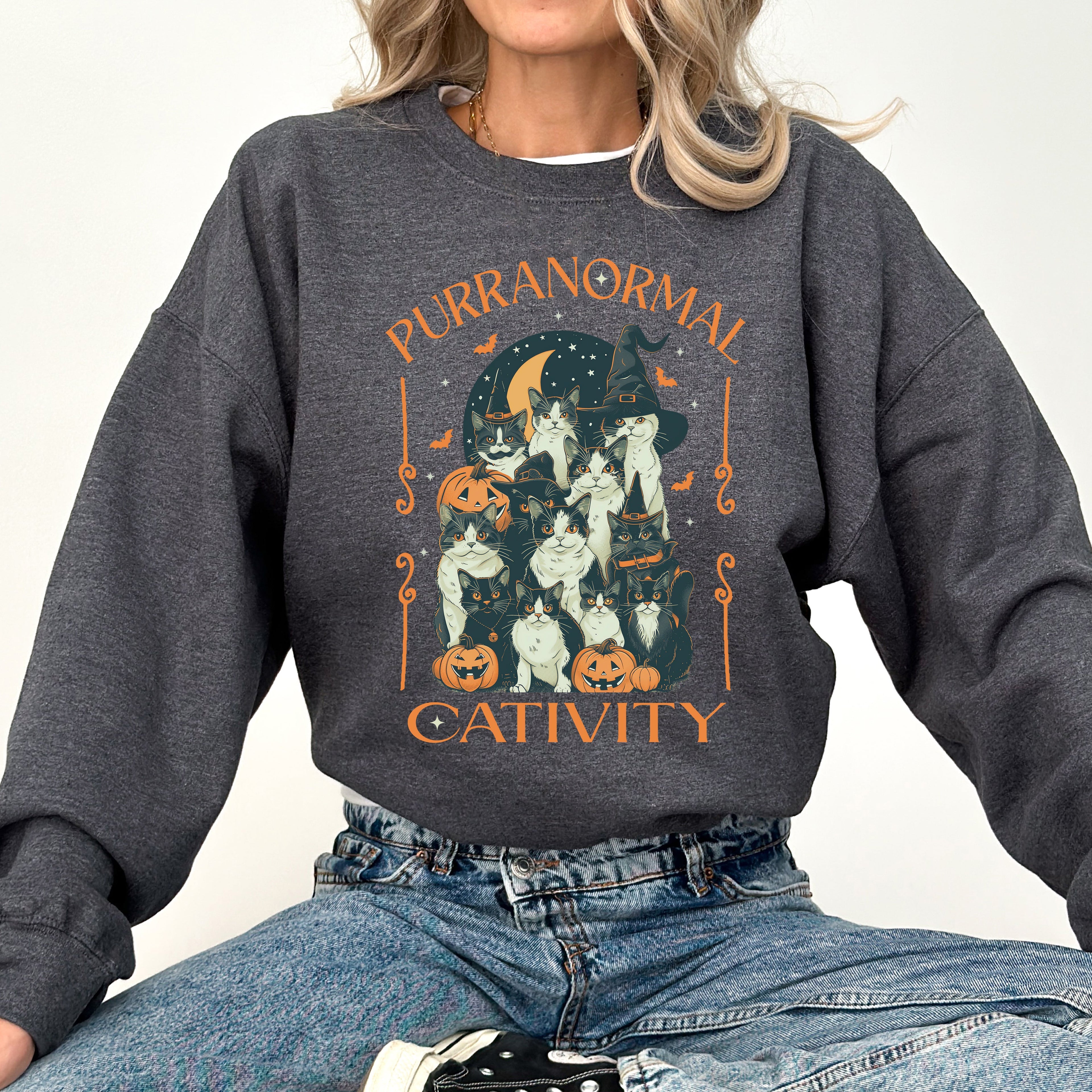 Purranormal Cativity Vintage Ghost Cowgirl Halloween Pumpkin Retro Spooky Graphic Sweatshirt