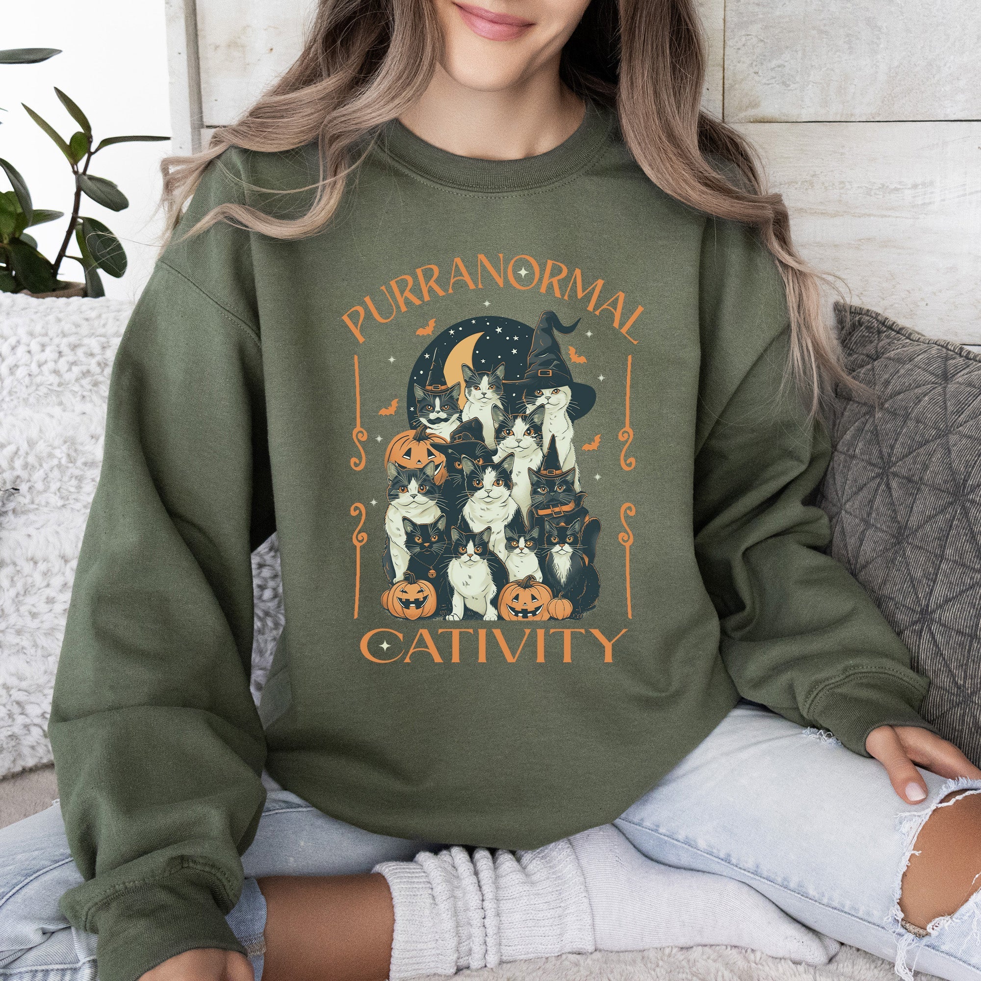 Purranormal Cativity Vintage Ghost Cowgirl Halloween Pumpkin Retro Spooky Graphic Sweatshirt