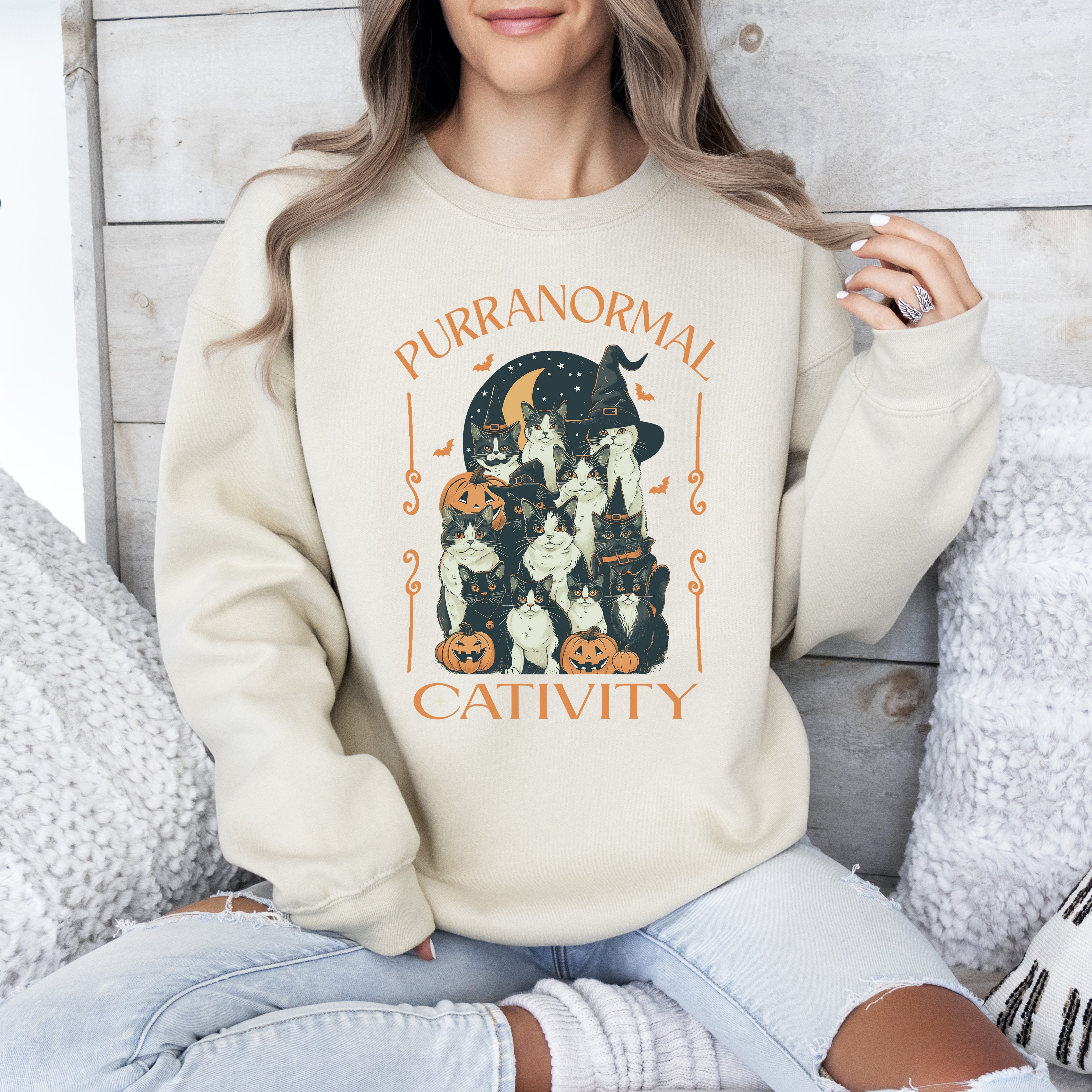 Purranormal Cativity Vintage Ghost Cowgirl Halloween Pumpkin Retro Spooky Graphic Sweatshirt