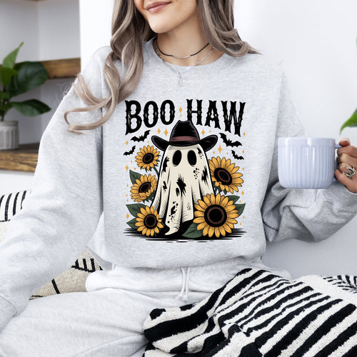 Boo Haw, Cowboy Ghost Halloween Western Sunflowers Vintage Pumpkin Retro Spooky Graphic Sweatshirt