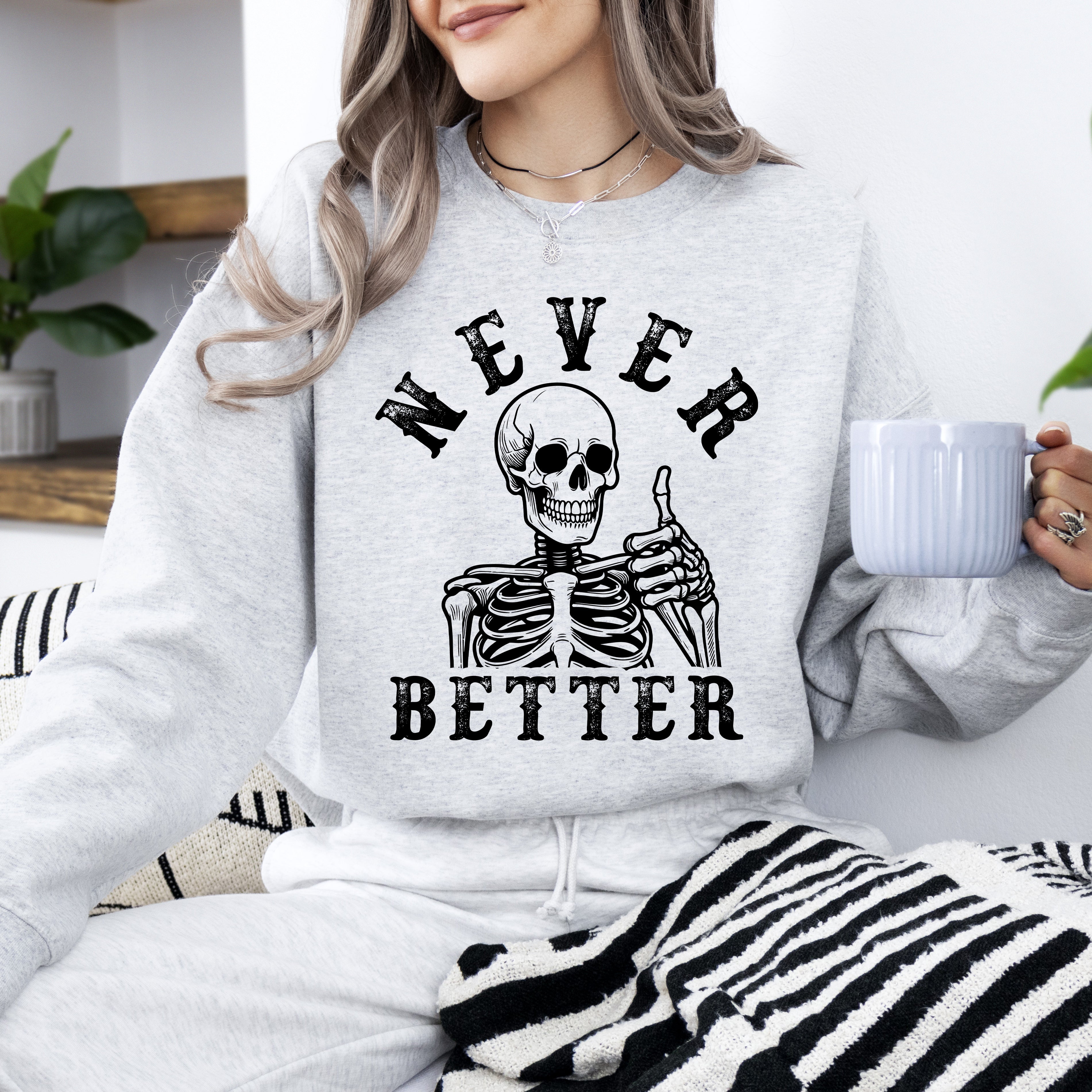 Never Better Cowboy Ghost Halloween Western Vintage Pumpkin Skeleton Retro Fall Graphic Sweatshirt