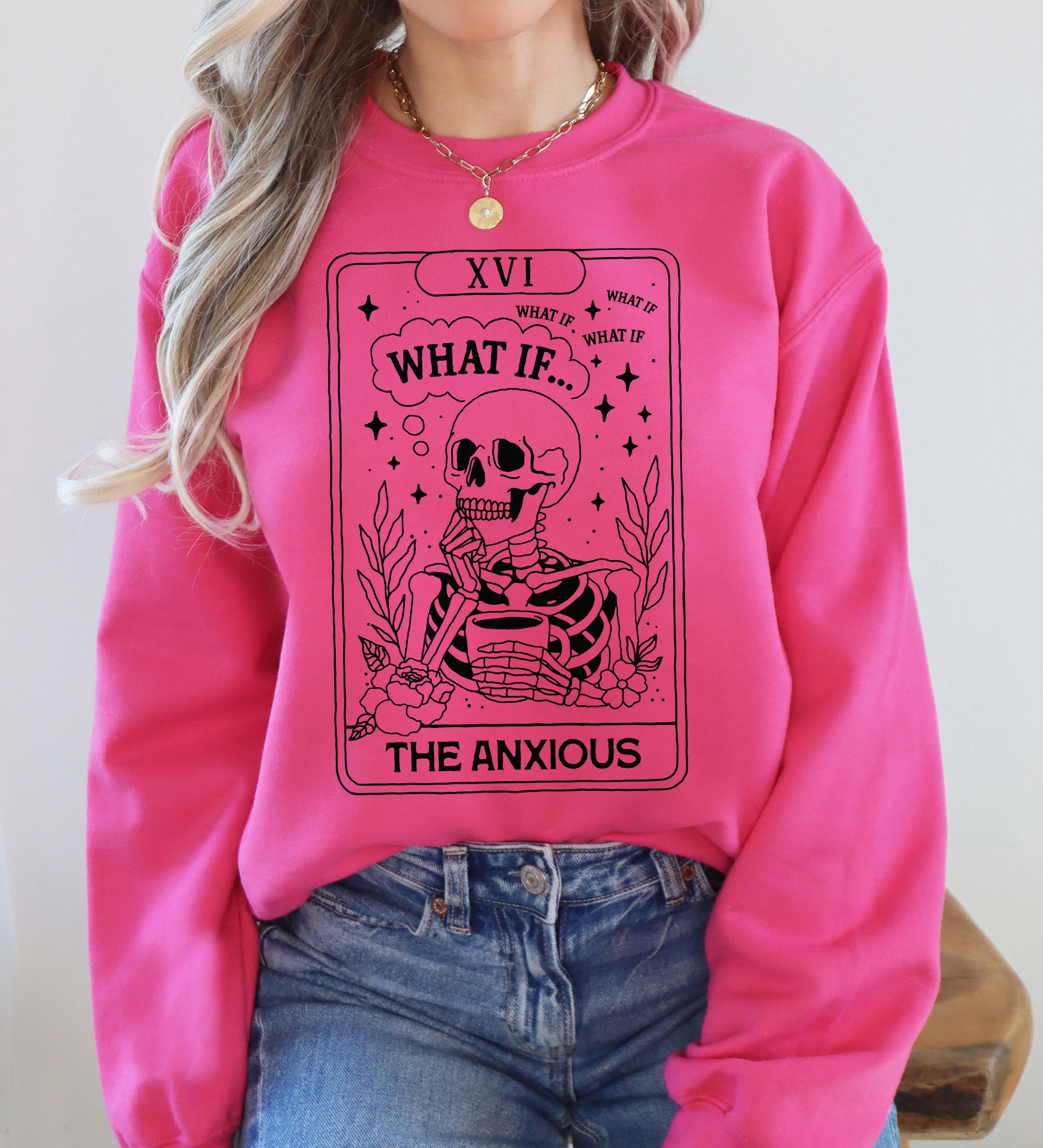 What If The Anxious Skeleton Ghost Western Vintage Pumpkin Halloween Tarot Card Graphic Sweatshirt