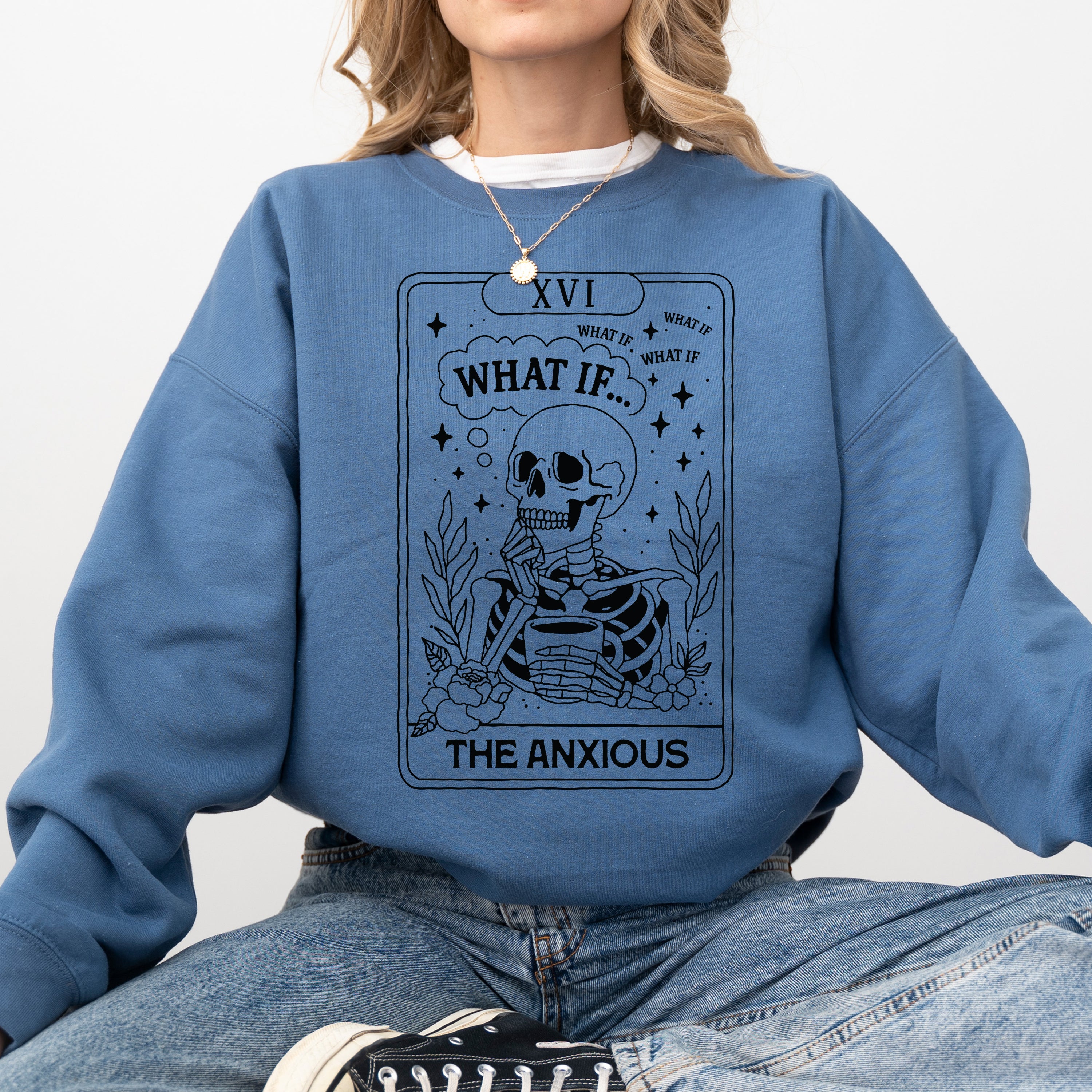 What If The Anxious Skeleton Ghost Western Vintage Pumpkin Halloween Tarot Card Graphic Sweatshirt