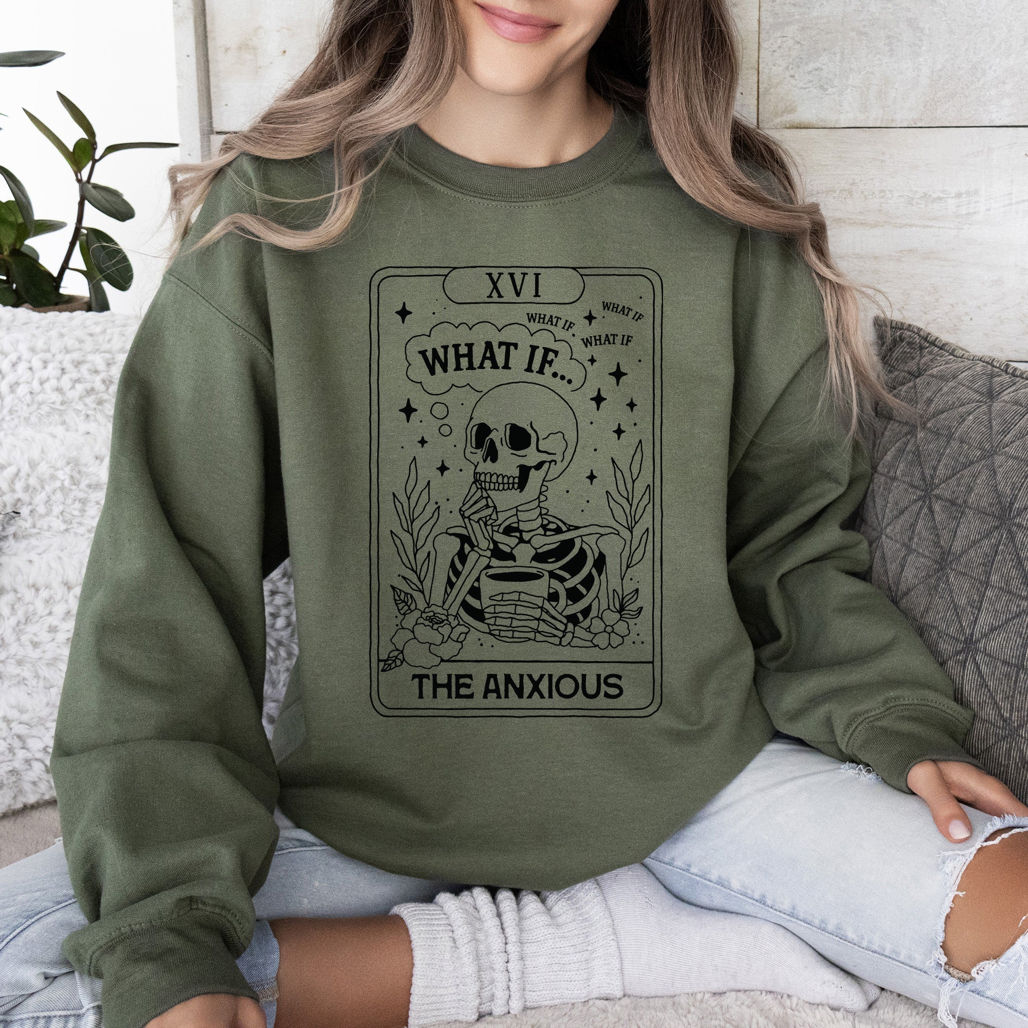 What If The Anxious Skeleton Ghost Western Vintage Pumpkin Halloween Tarot Card Graphic Sweatshirt