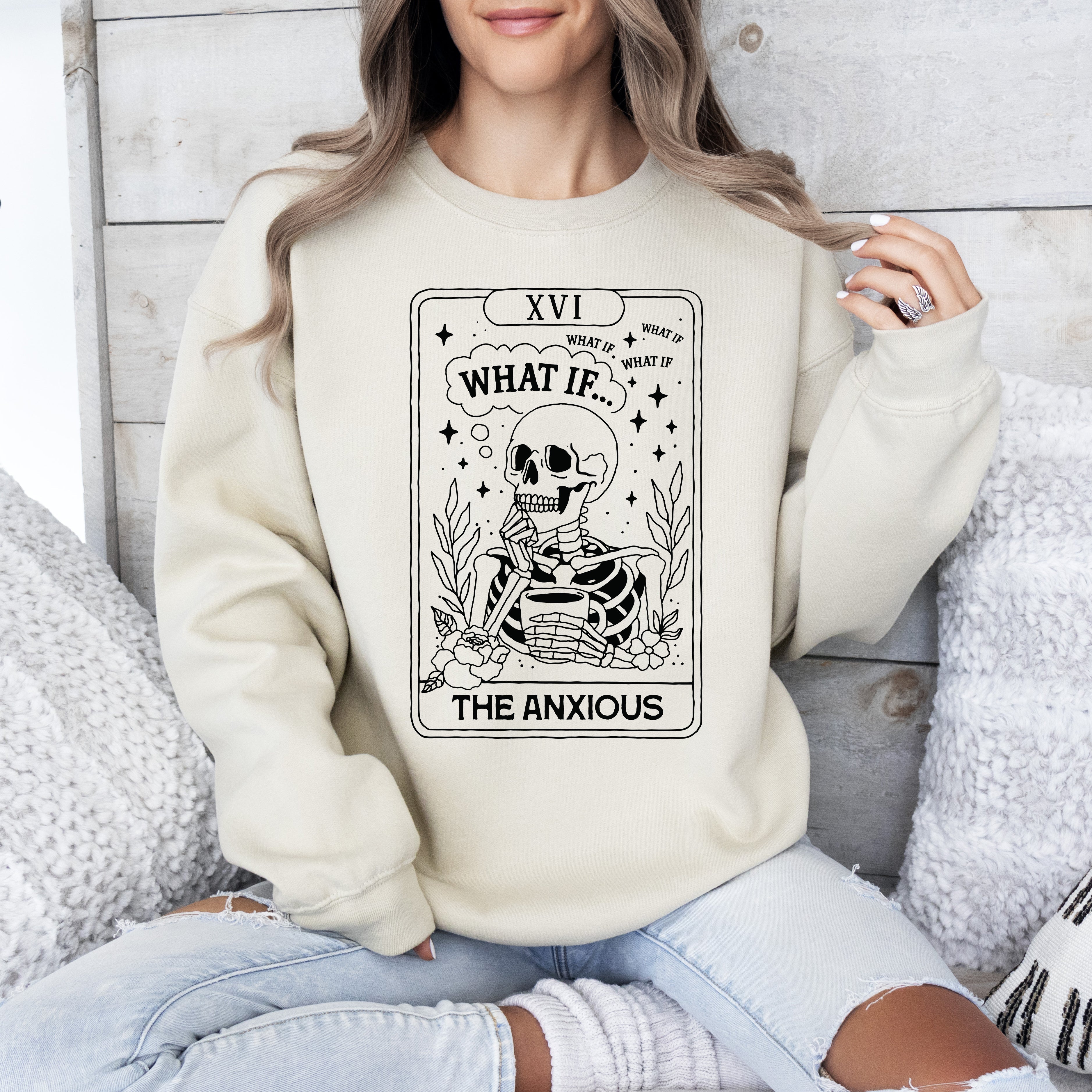 What If The Anxious Skeleton Ghost Western Vintage Pumpkin Halloween Tarot Card Graphic Sweatshirt