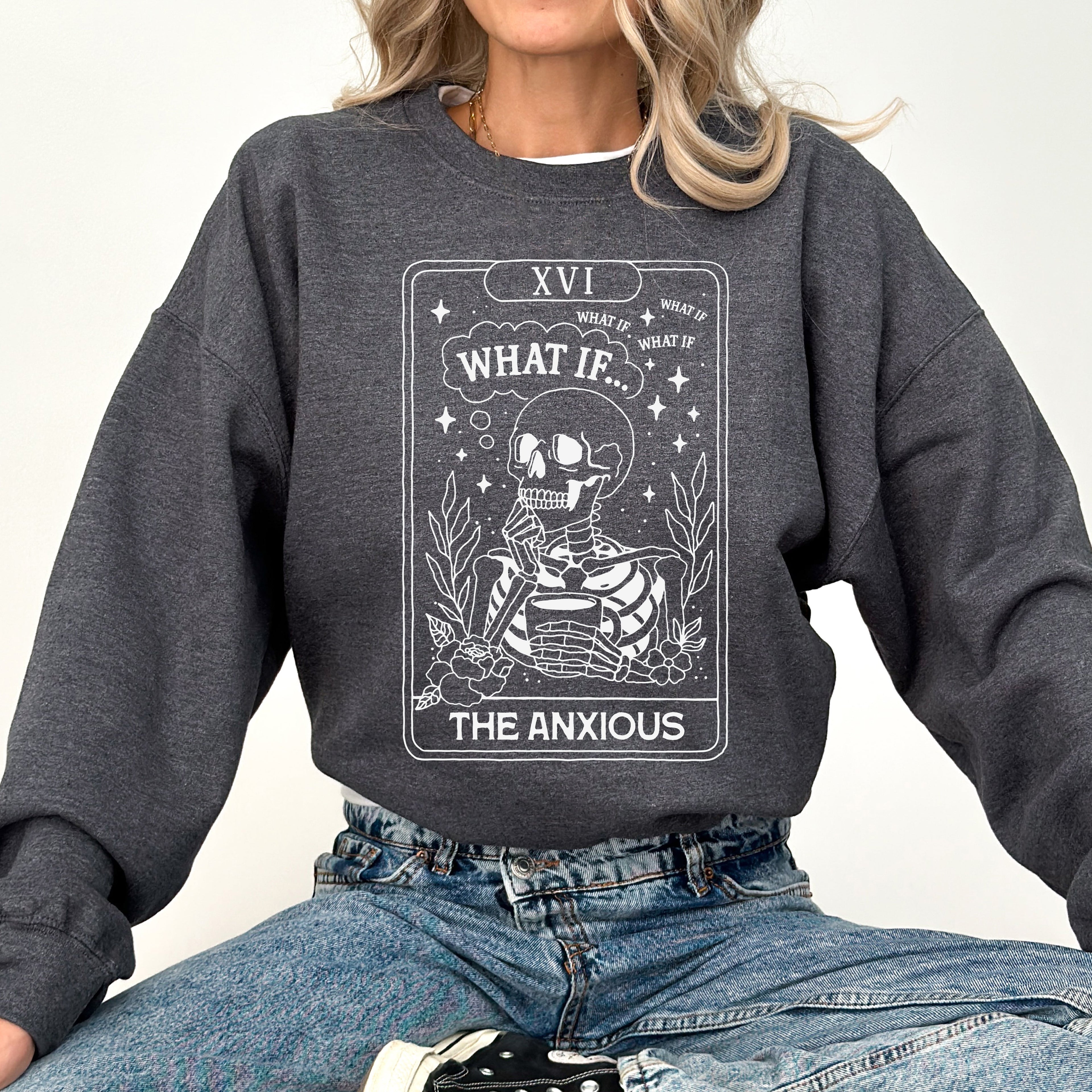 What If The Anxious Skeleton Ghost Western Vintage Pumpkin Halloween Tarot Card Graphic Sweatshirt