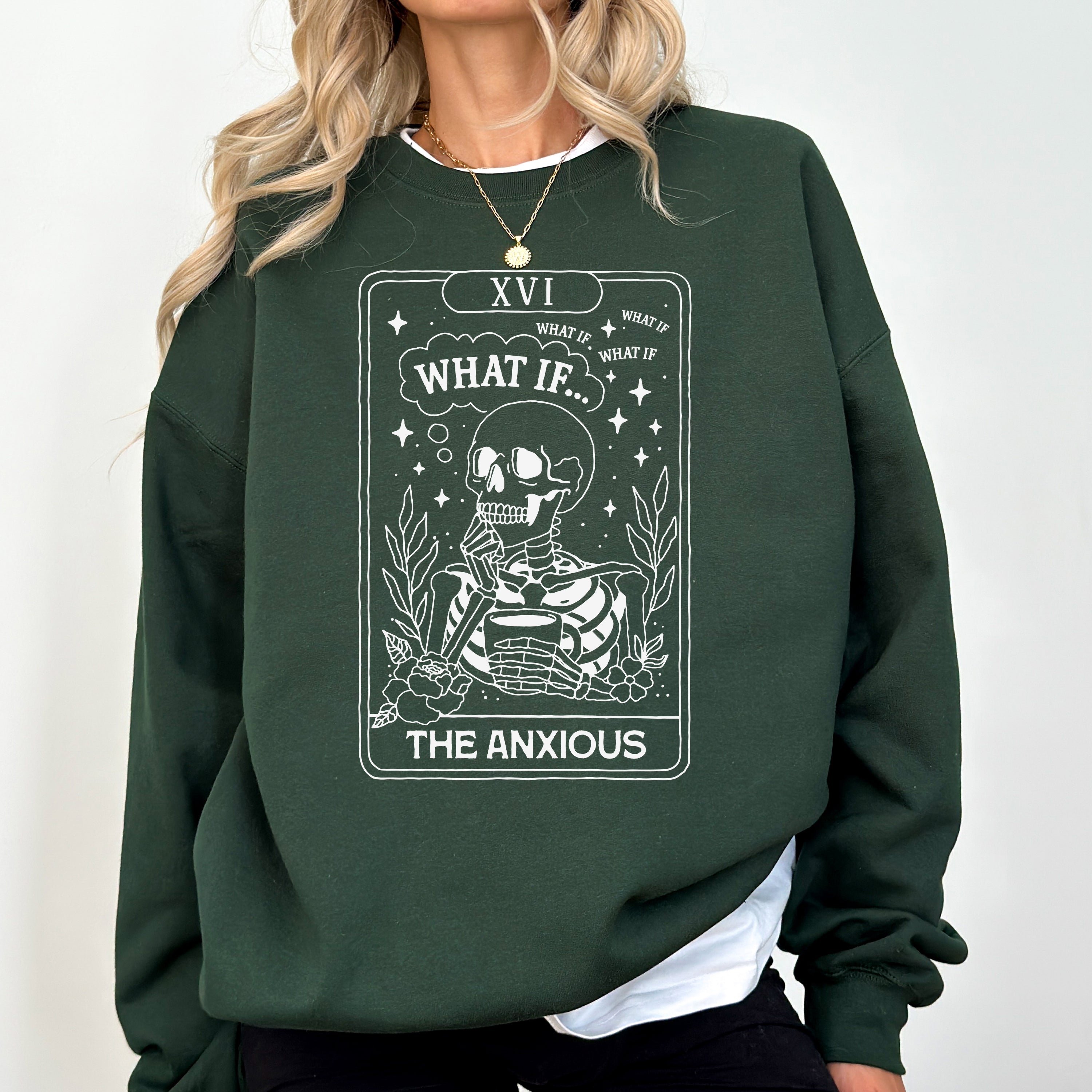What If The Anxious Skeleton Ghost Western Vintage Pumpkin Halloween Tarot Card Graphic Sweatshirt