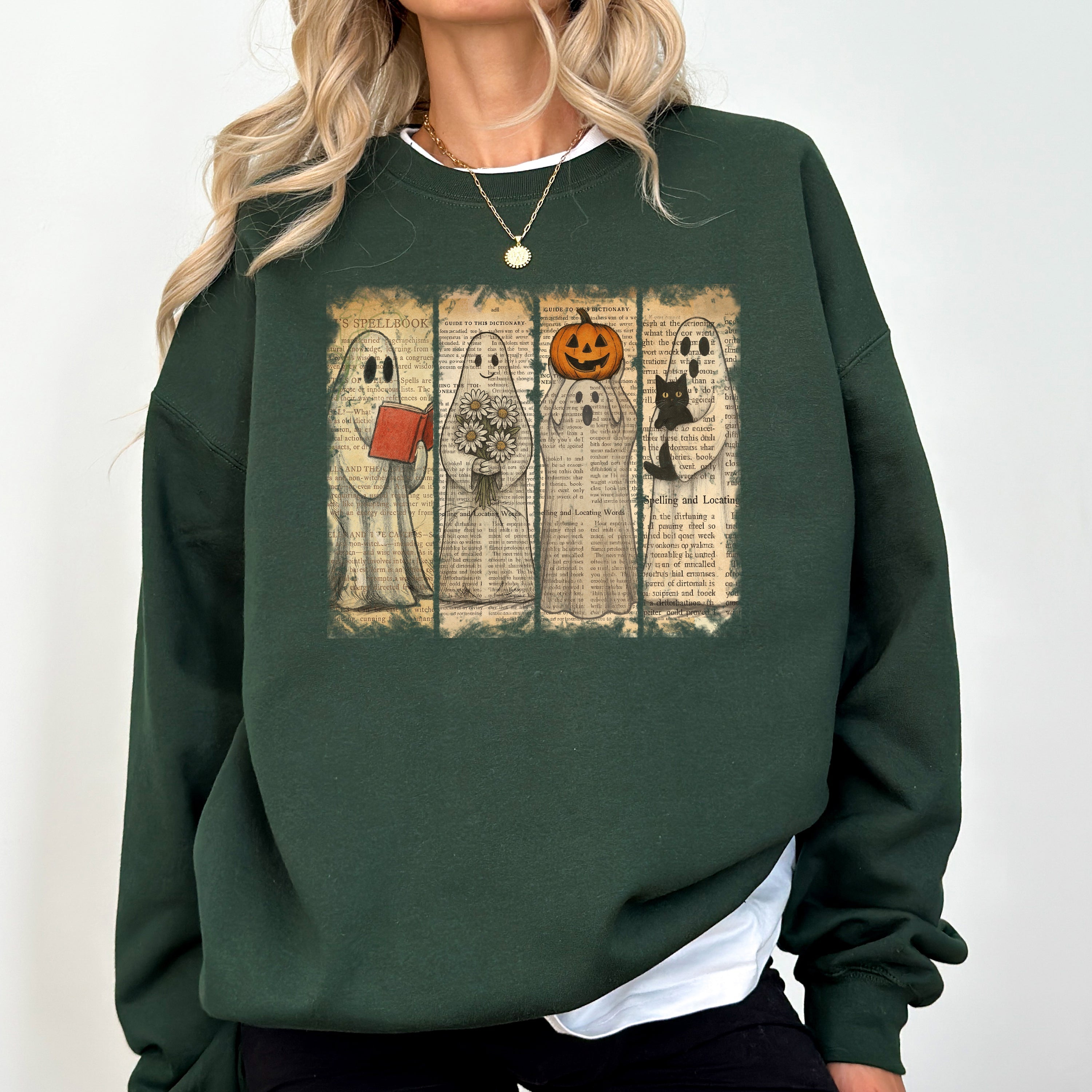 Vintage Newspaper Ghost Halloween Book Cat Western Pumpkin Retro Spooky Costume Fall Graphic Sweatshirt