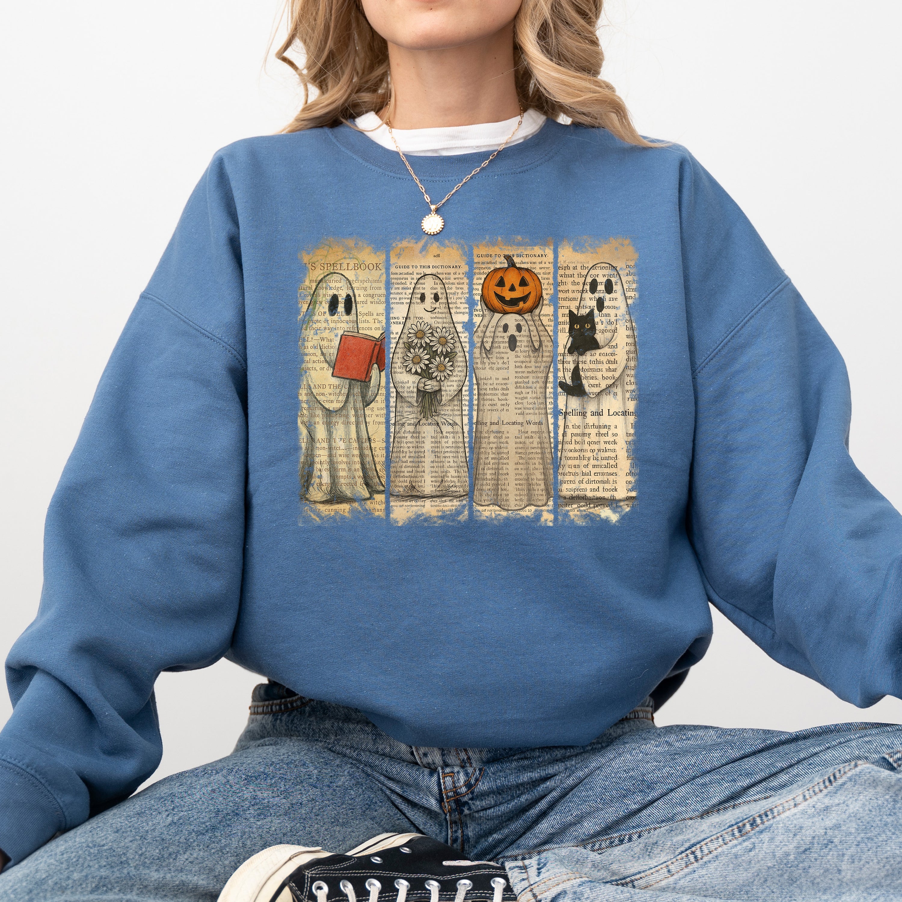 Vintage Newspaper Ghost Halloween Book Cat Western Pumpkin Retro Spooky Costume Fall Graphic Sweatshirt
