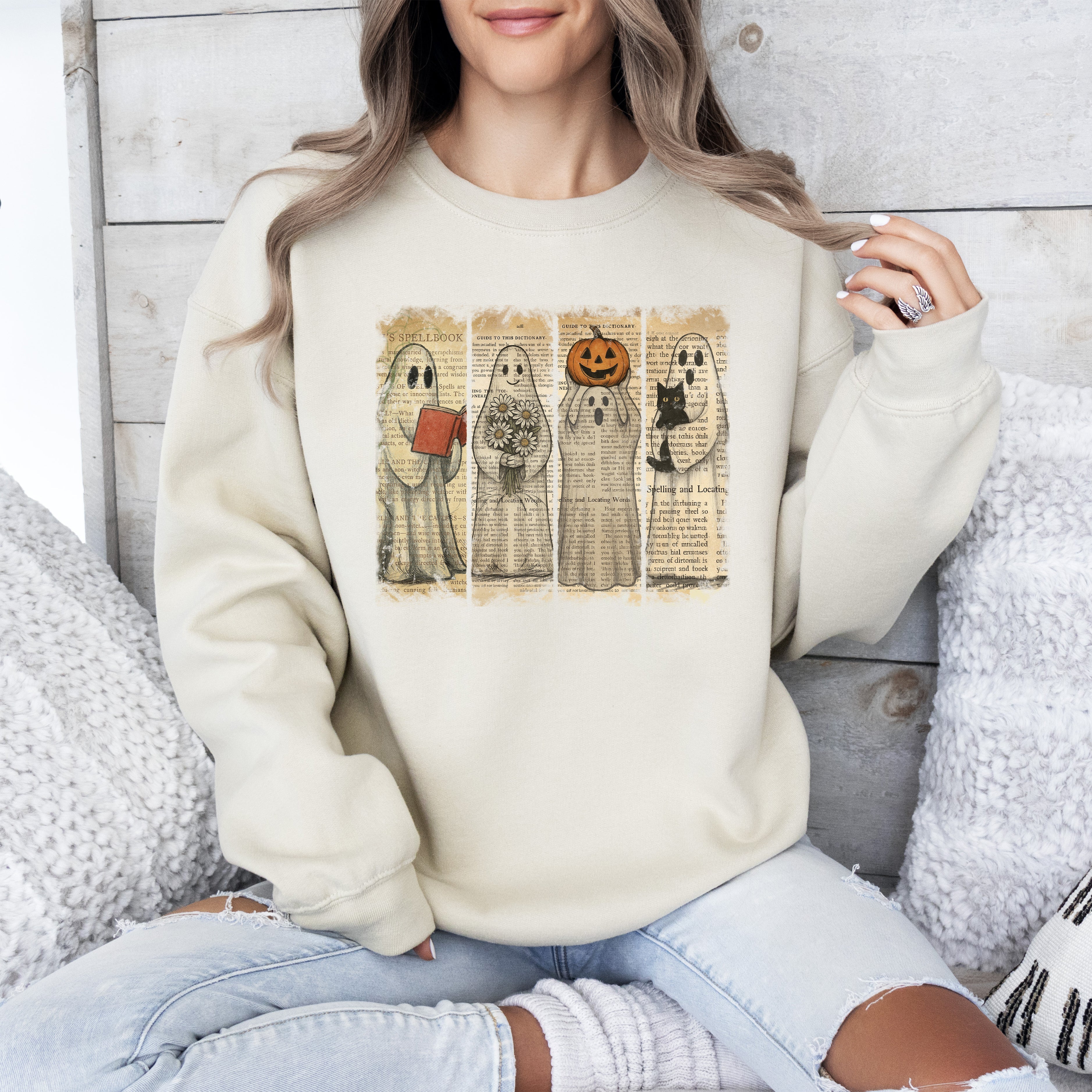 Vintage Newspaper Ghost Halloween Book Cat Western Pumpkin Retro Spooky Costume Fall Graphic Sweatshirt