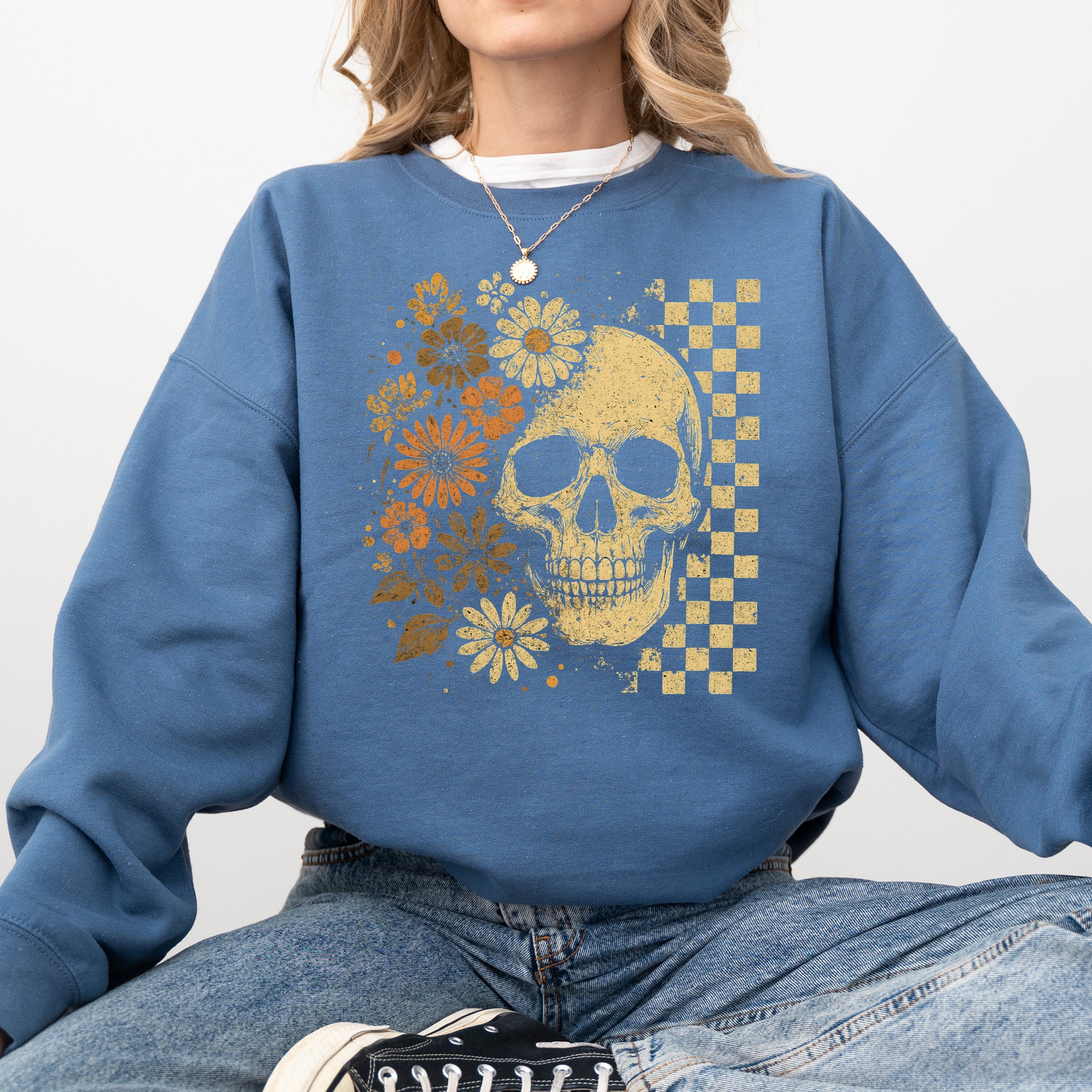 Vintage Skull Floral Checkered Ghost Halloween Book Cat Western Pumpkin Retro Spooky Graphic Sweatshirt