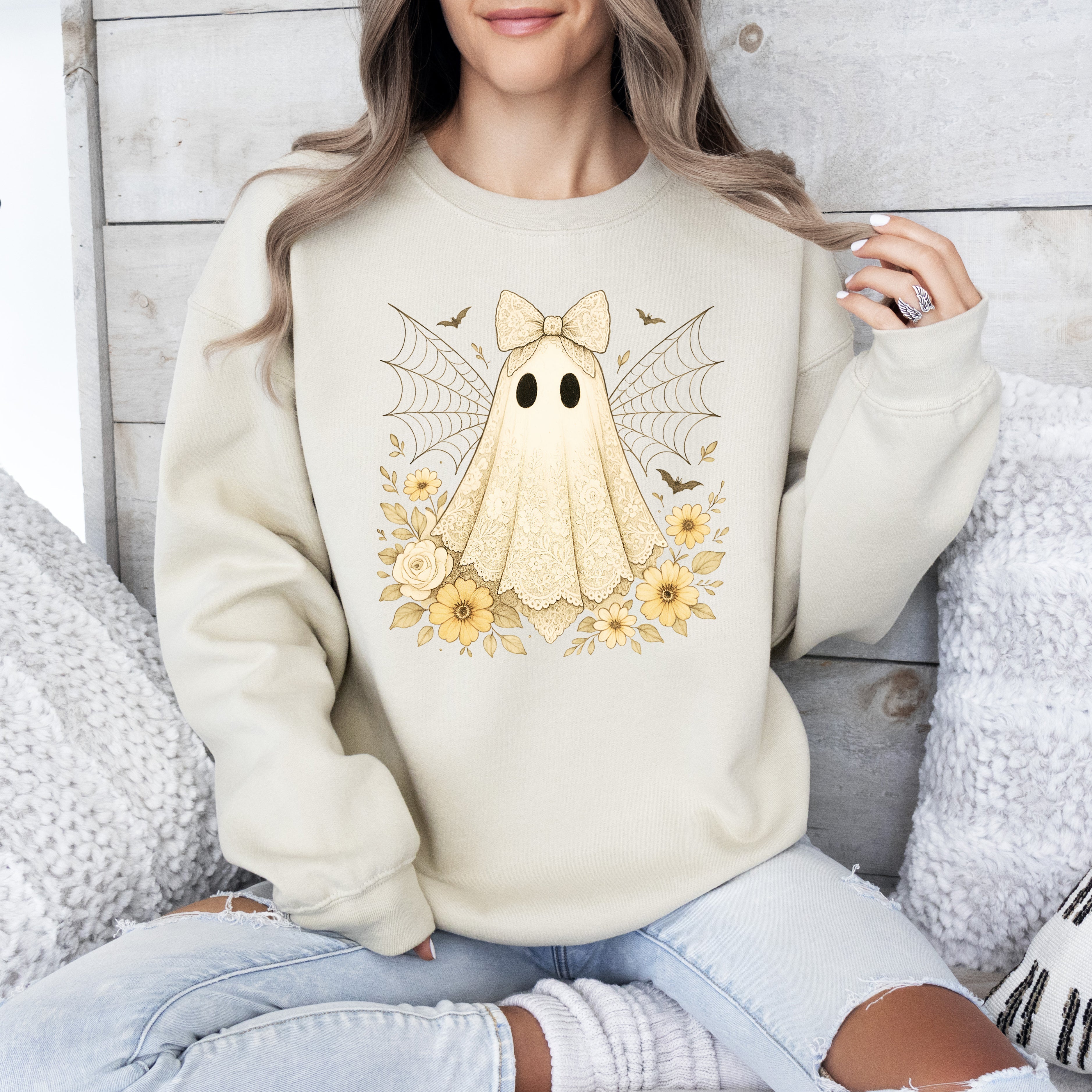 What If Anxious Skeleton Ghost Lace Spider Web Floral Halloween Graphic Sweatshirt