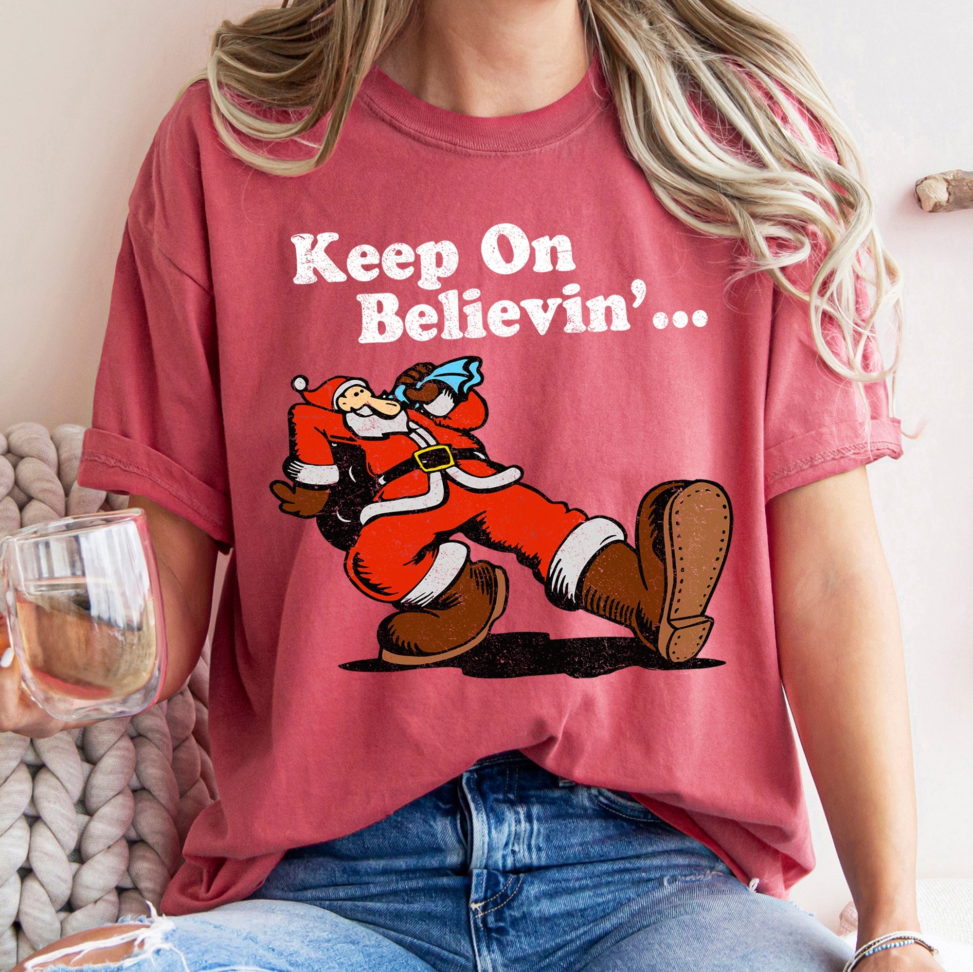 Keep On Believin' Santa Trucking Retro Christmas Holiday Classic Comfort Colors Tee