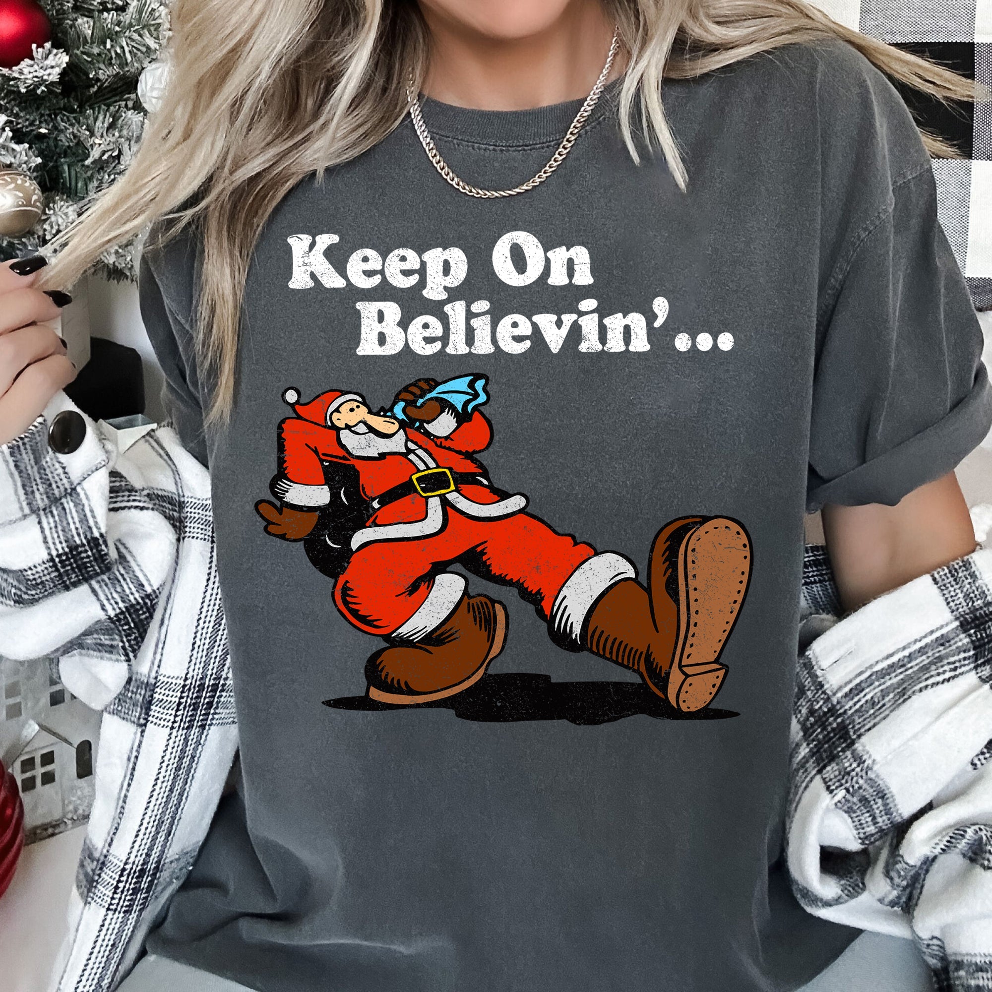 Keep On Believin' Santa Trucking Retro Christmas Holiday Classic Comfort Colors Tee