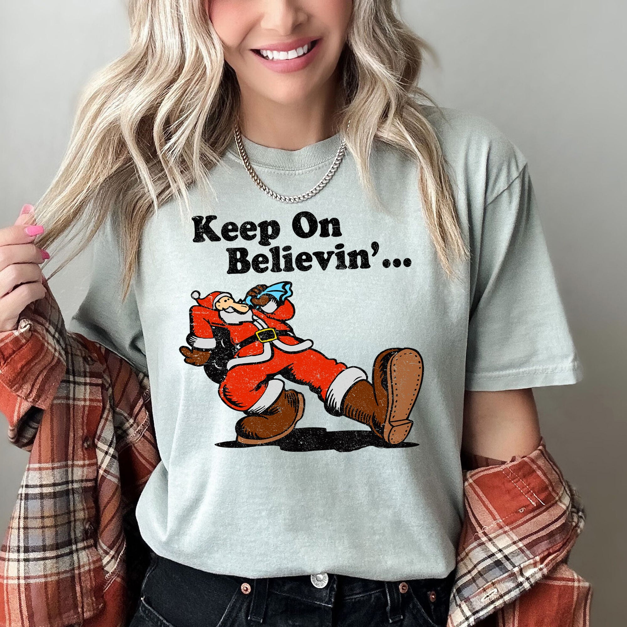 Keep On Believin' Santa Trucking Retro Christmas Holiday Classic Comfort Colors Tee