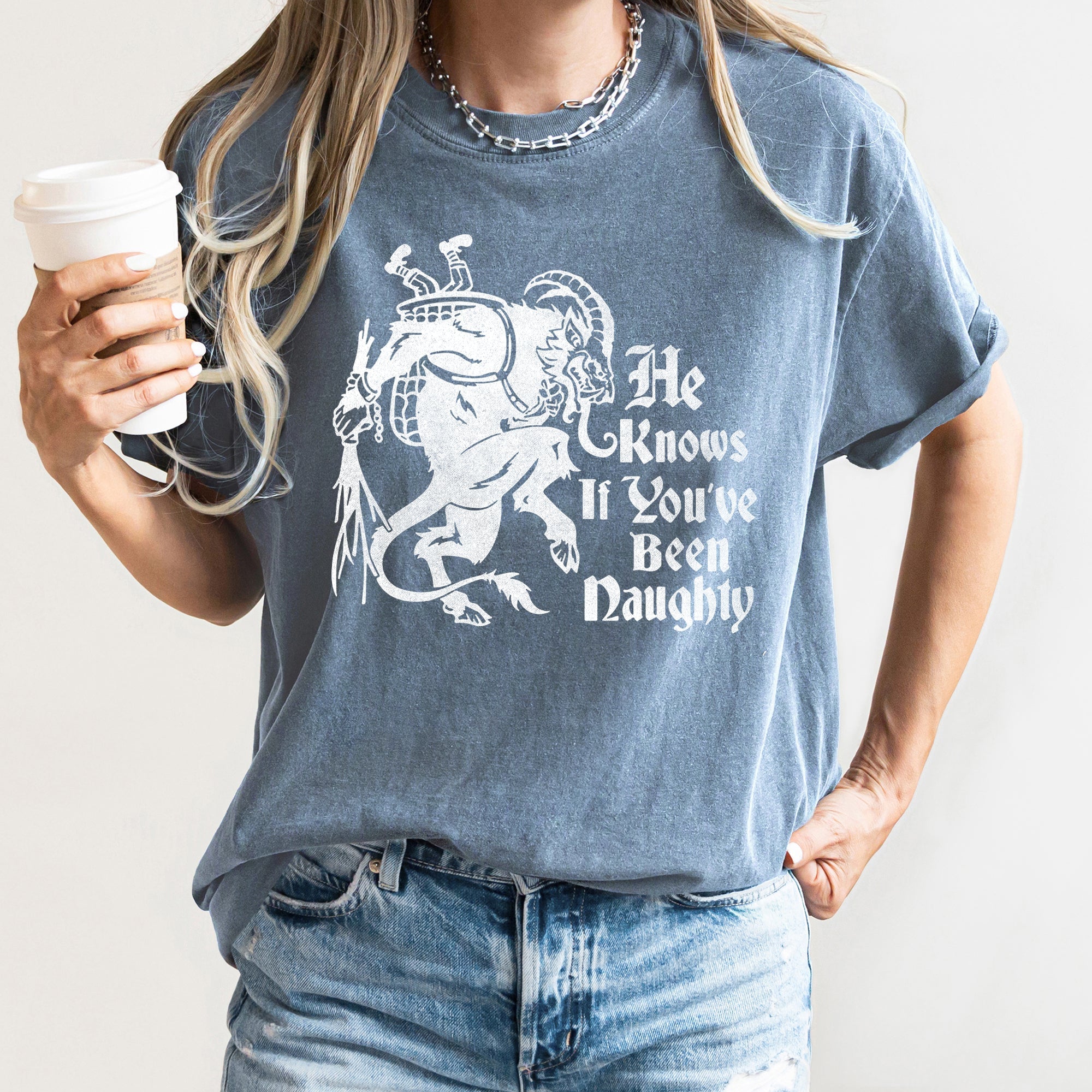 Krampus Naughty Santa Christmas Nice Festive Holiday Vintage Style Comfort Colors Tee