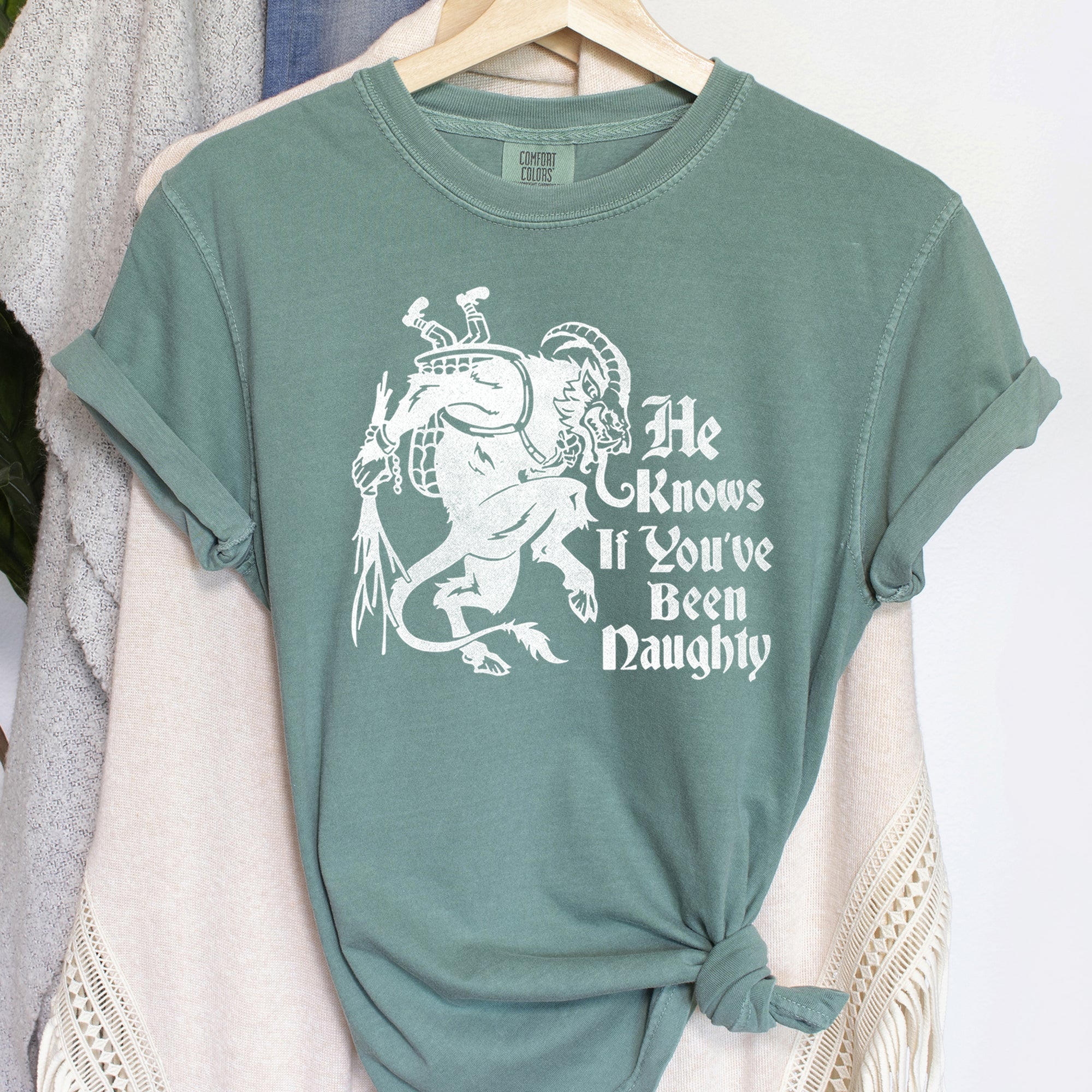 Krampus Naughty Santa Christmas Nice Festive Holiday Vintage Style Comfort Colors Tee