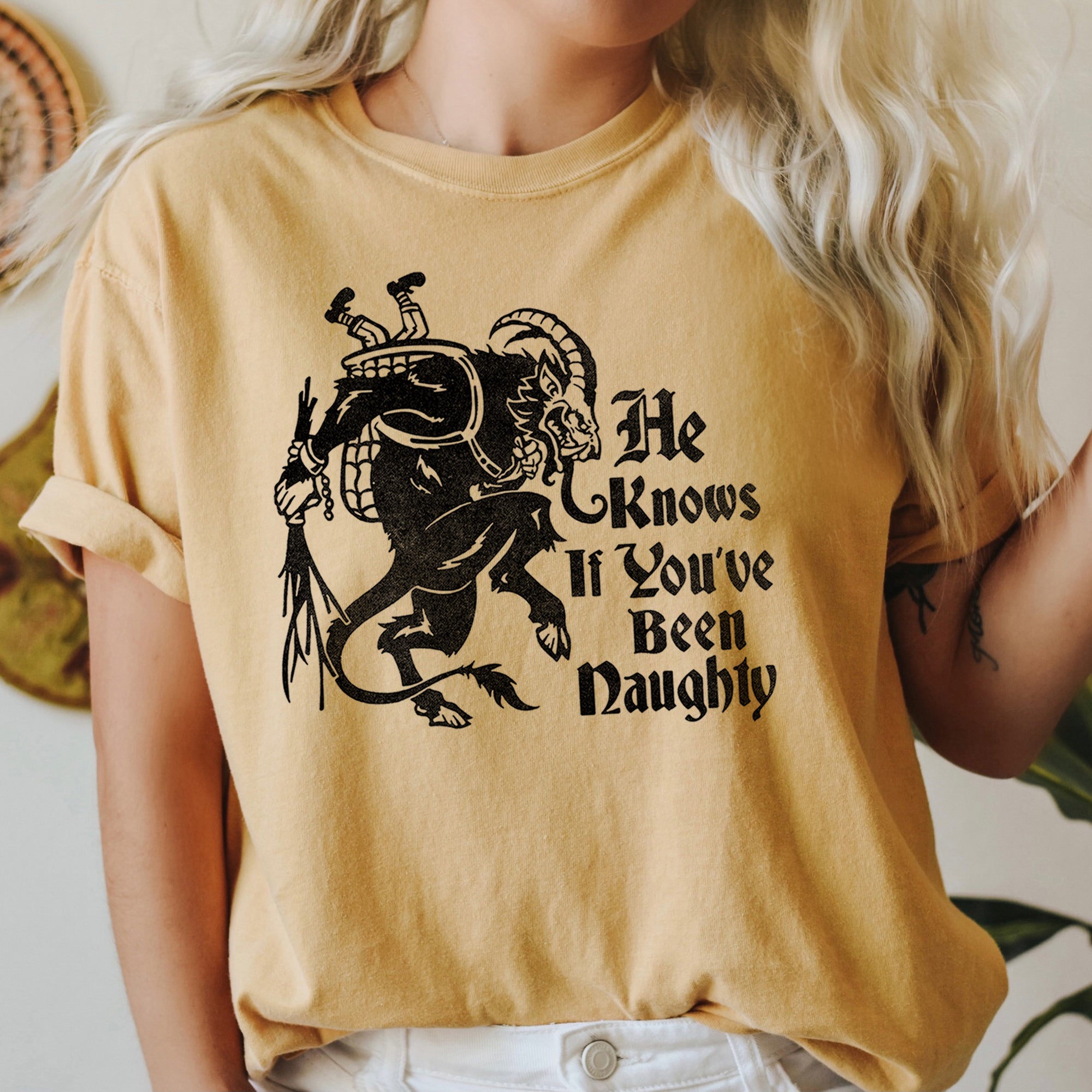 Krampus Naughty Santa Christmas Nice Festive Holiday Vintage Style Comfort Colors Tee