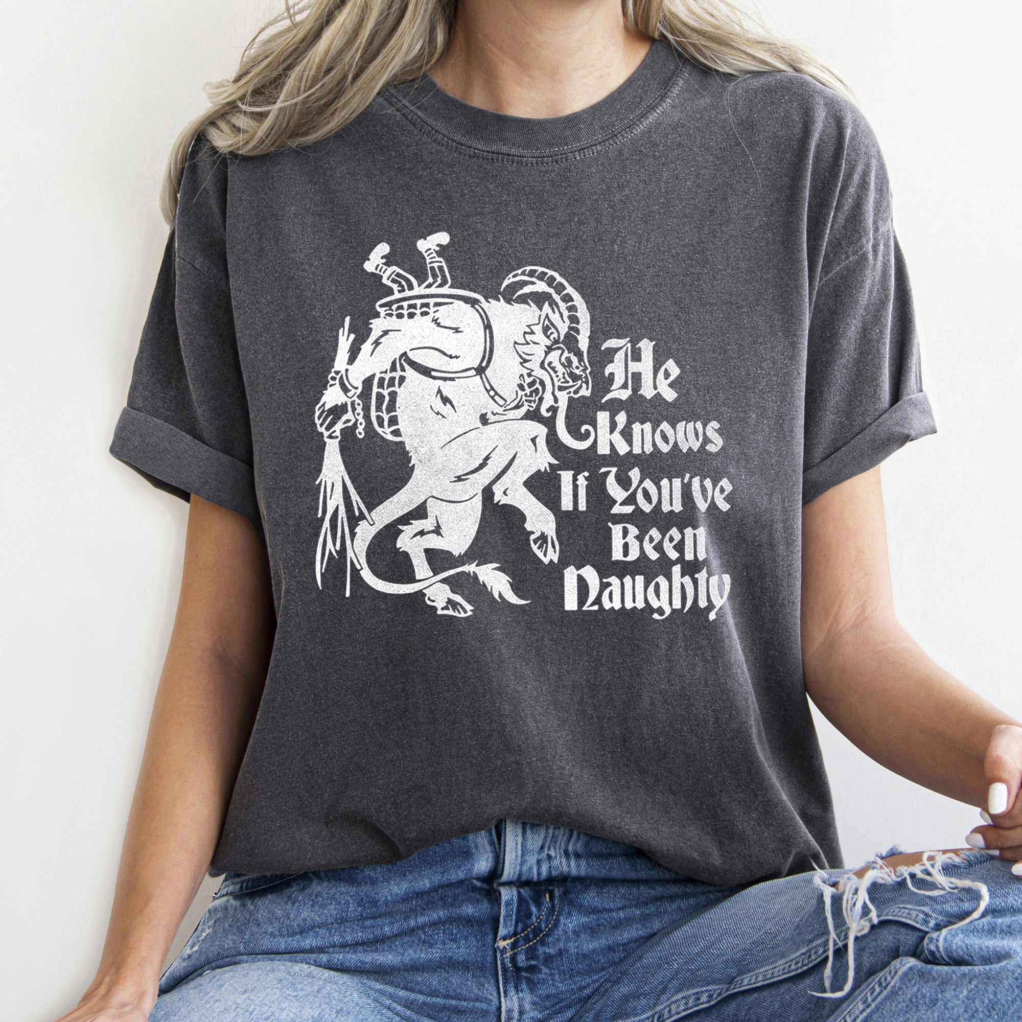 Krampus Naughty Santa Christmas Nice Festive Holiday Vintage Style Comfort Colors Tee
