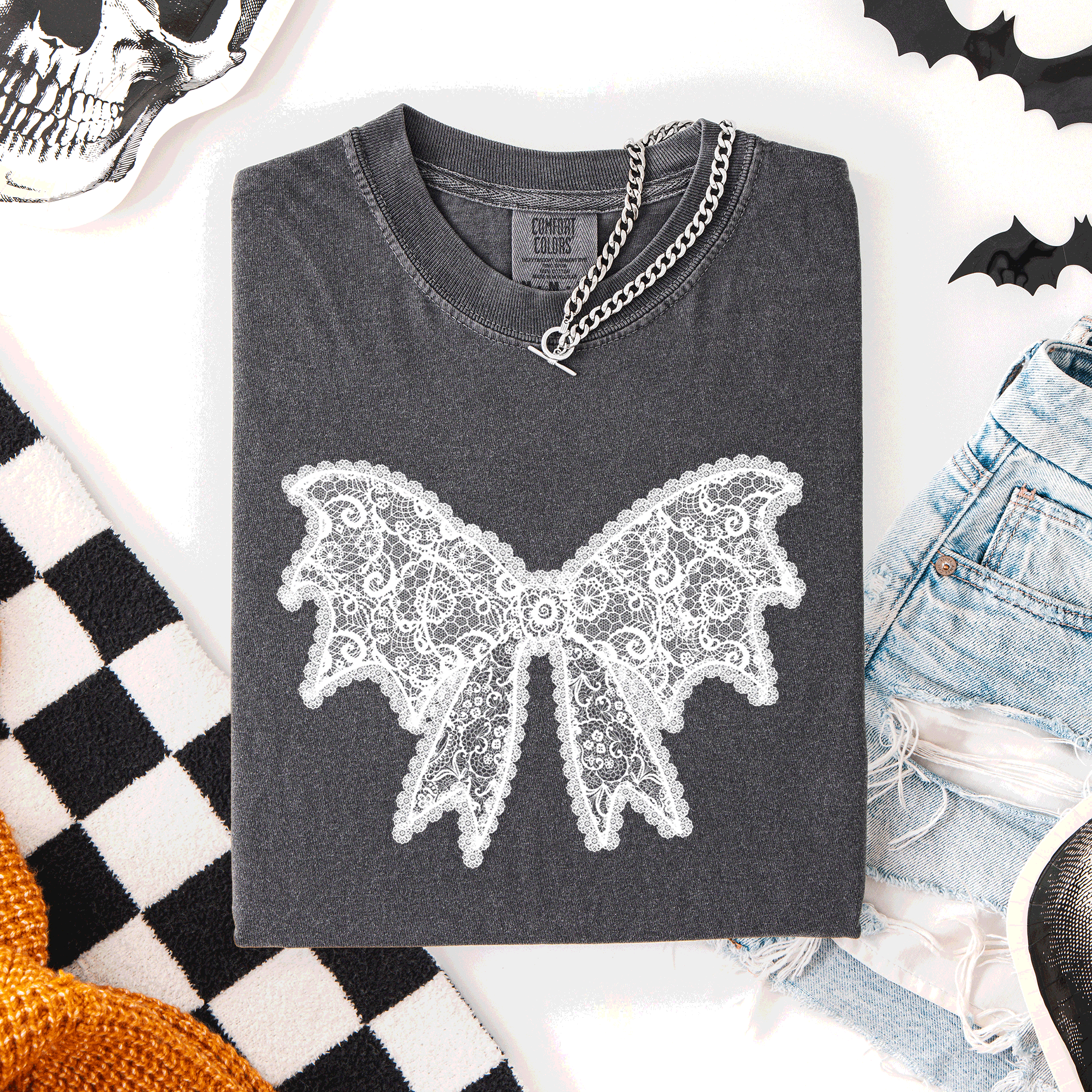 Lace Bow Halloween Goth Faux Lace Ribbon Coquette Silhouette Across The Night Comfort Colors Tee