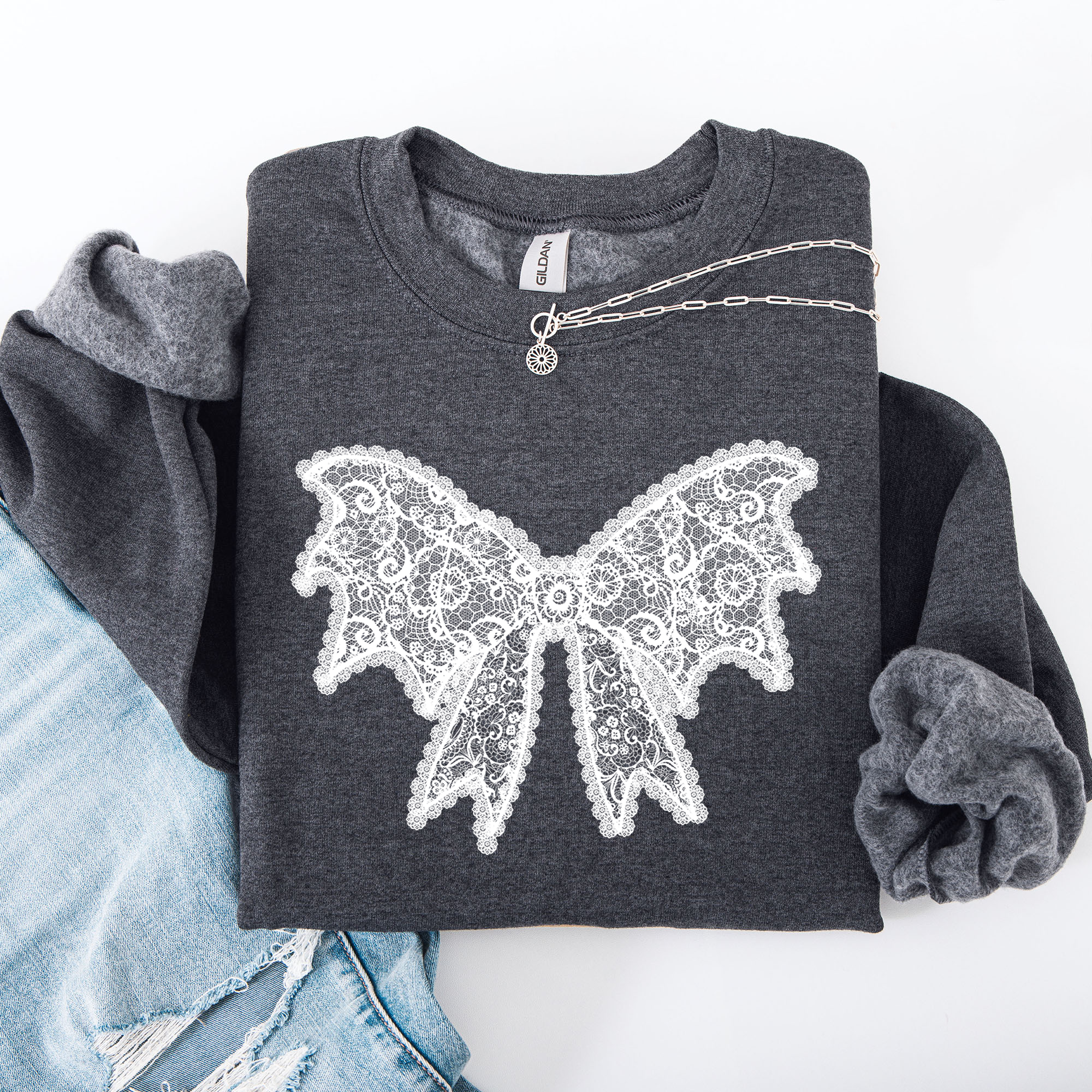 Lace Bow Halloween Goth Faux Lace Ribbon Coquette Ornate Embroidered Detail Sweatshirt