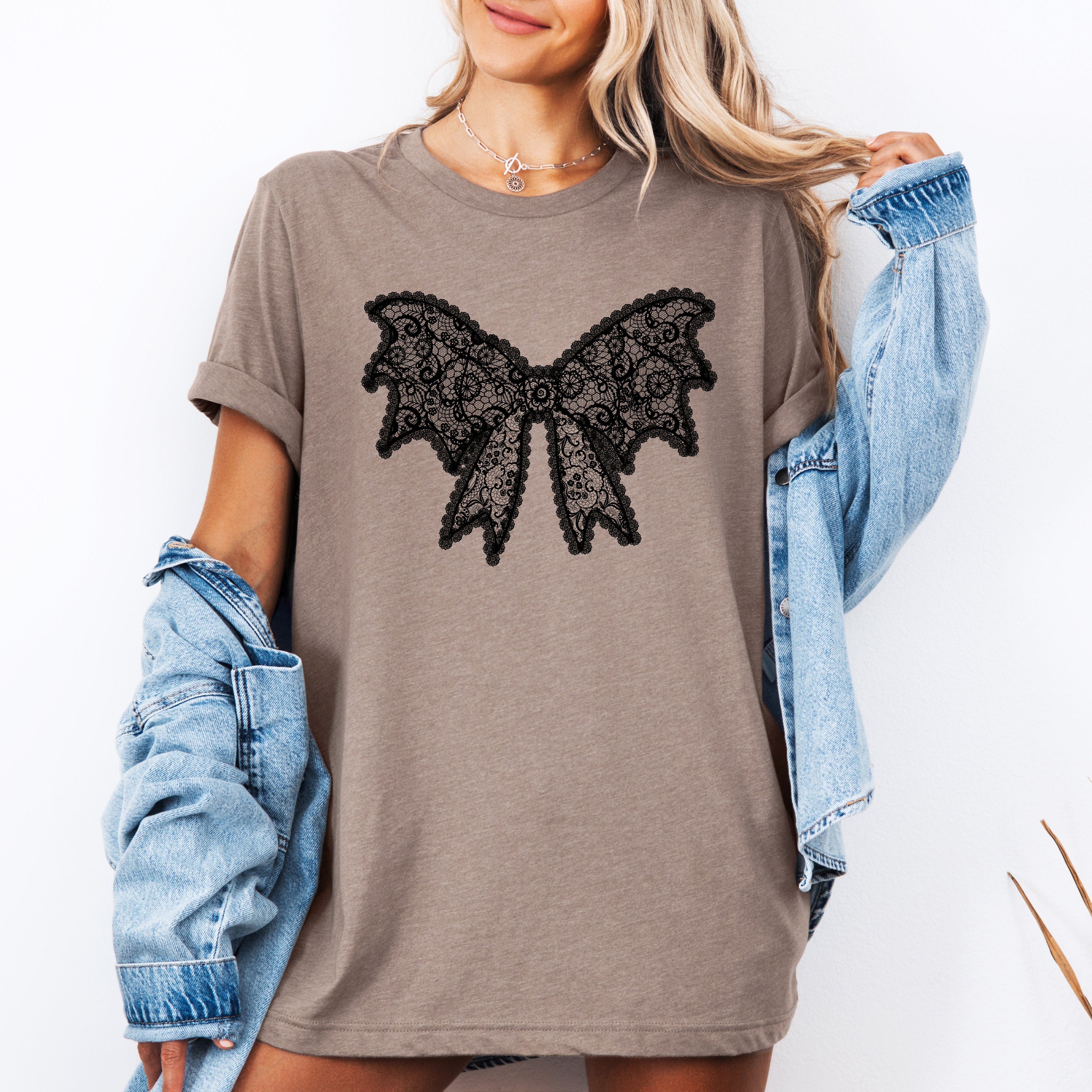 Lace Bow Halloween Goth Coquette Ribbon Faux Lace Victorian Inspired Patchwork Embellishment Graphic Tee