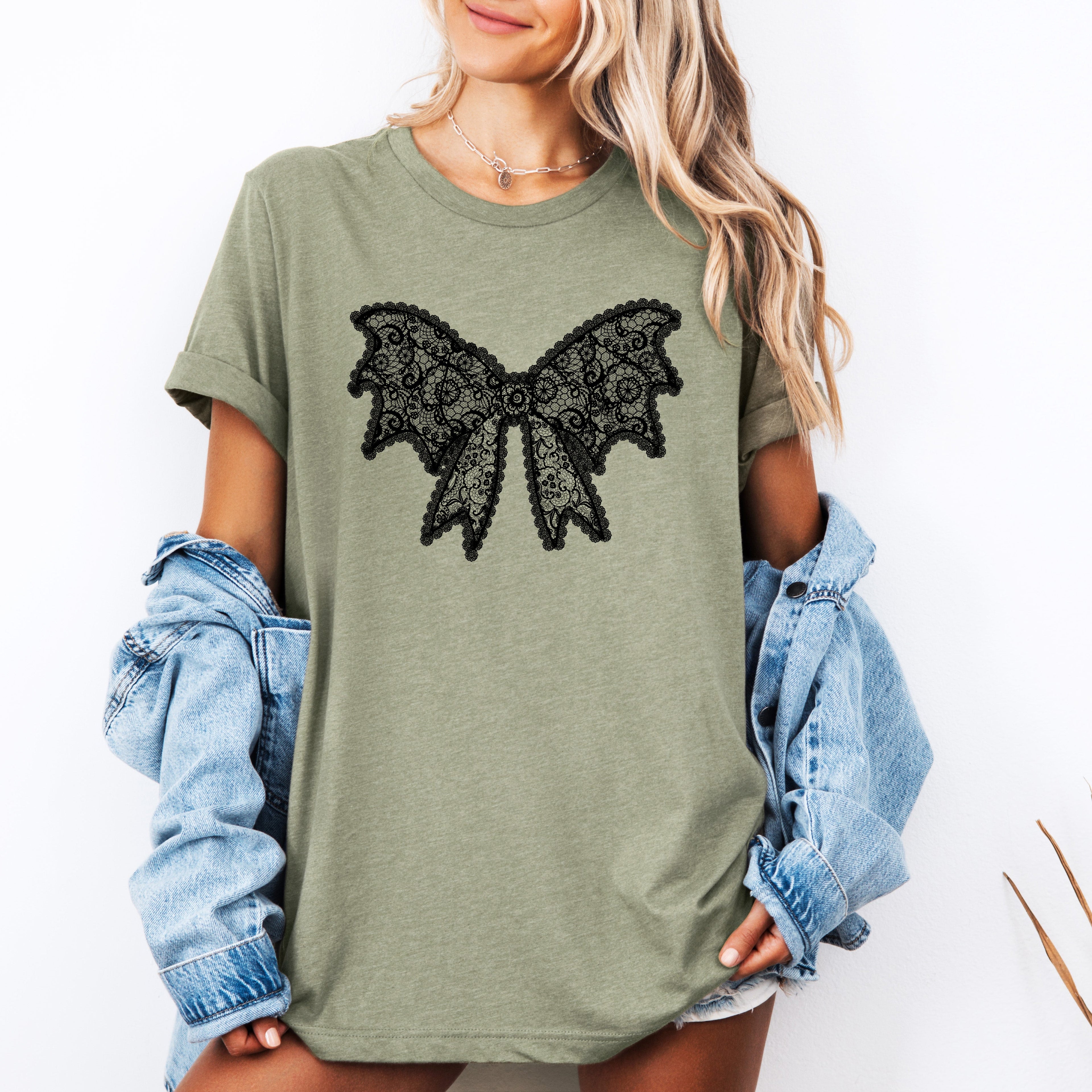 Lace Bow Halloween Goth Coquette Ribbon Faux Lace Victorian Inspired Patchwork Embellishment Graphic Tee
