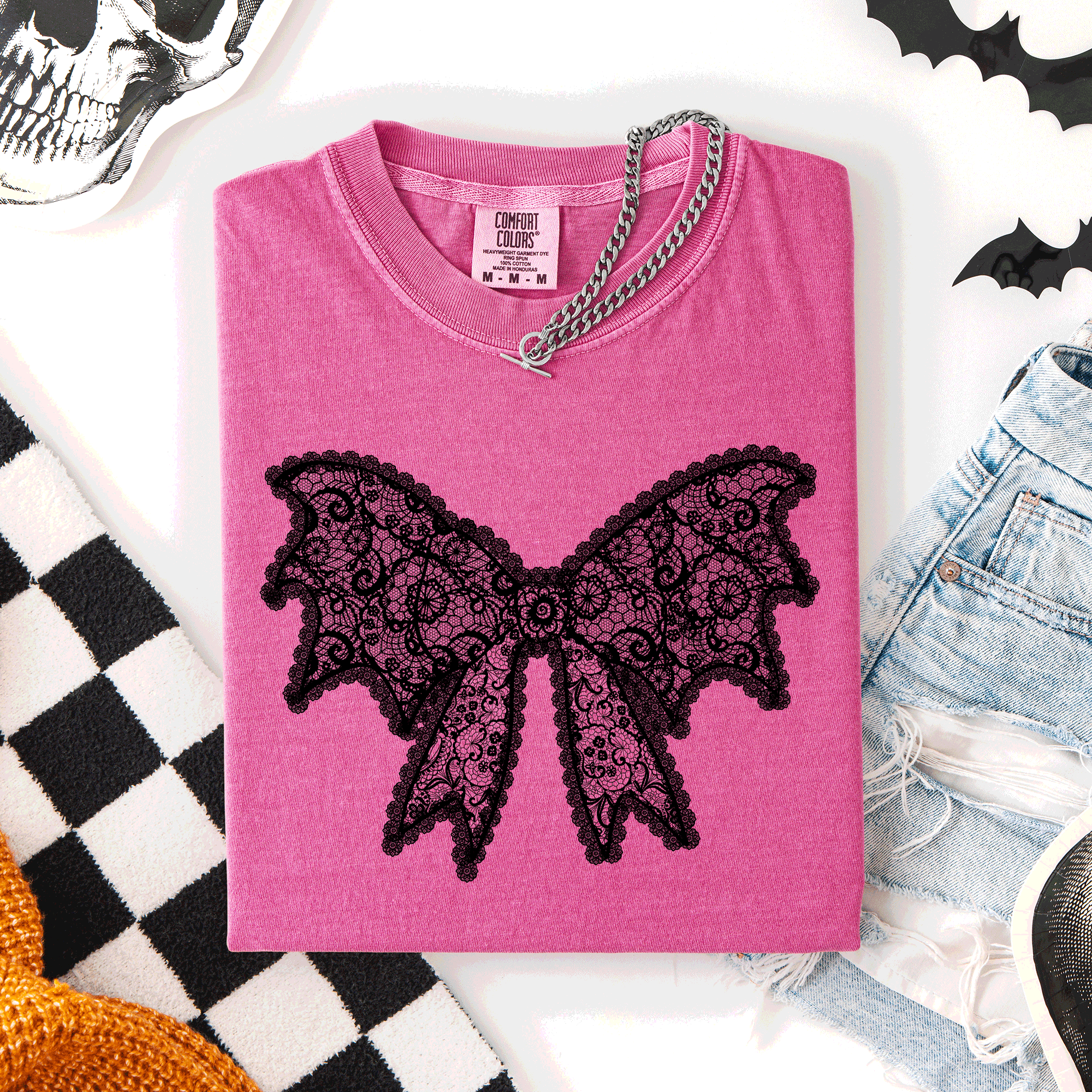 Lace Bow Halloween Goth Faux Lace Ribbon Coquette Silhouette Across The Night Comfort Colors Tee