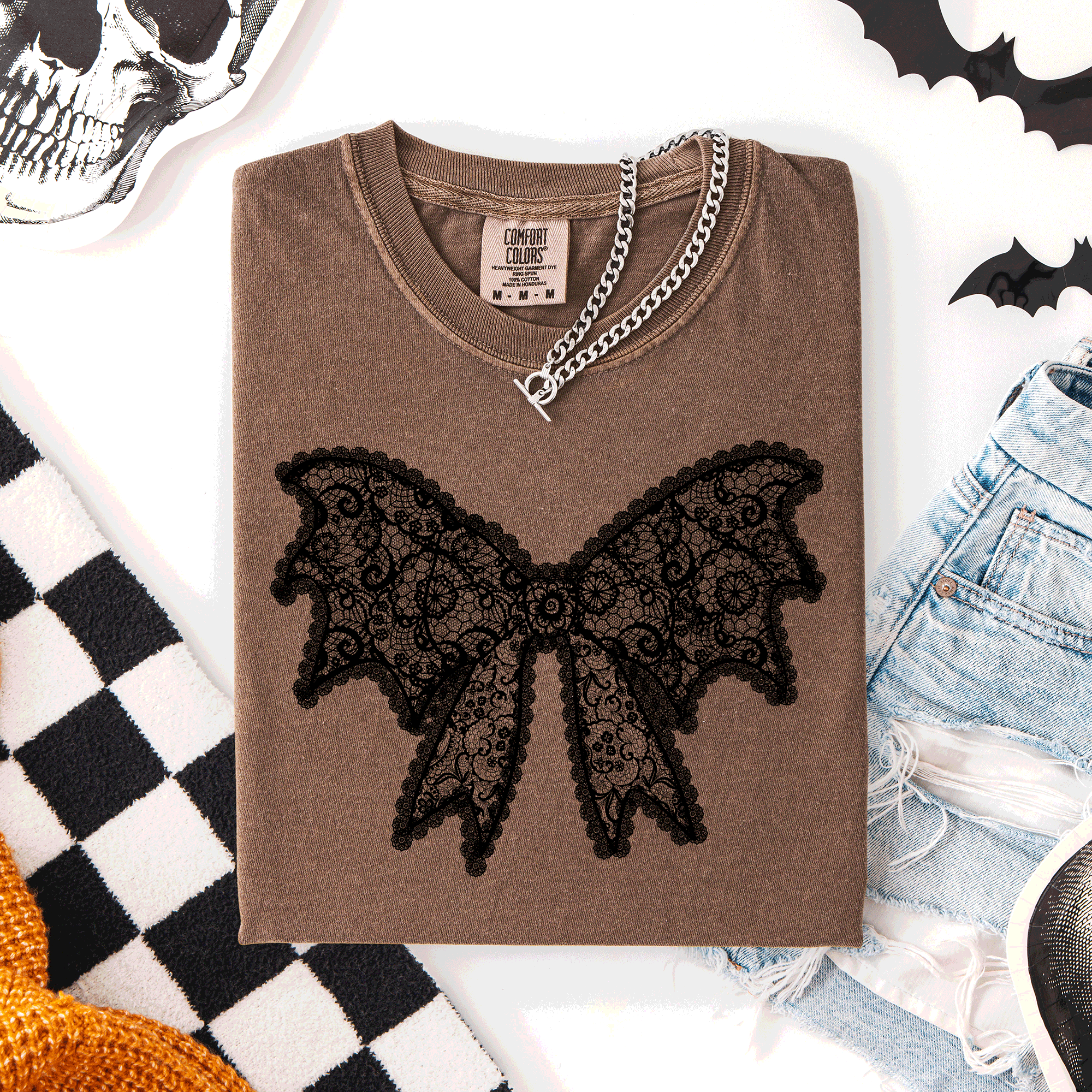 Lace Bow Halloween Goth Faux Lace Ribbon Coquette Silhouette Across The Night Comfort Colors Tee