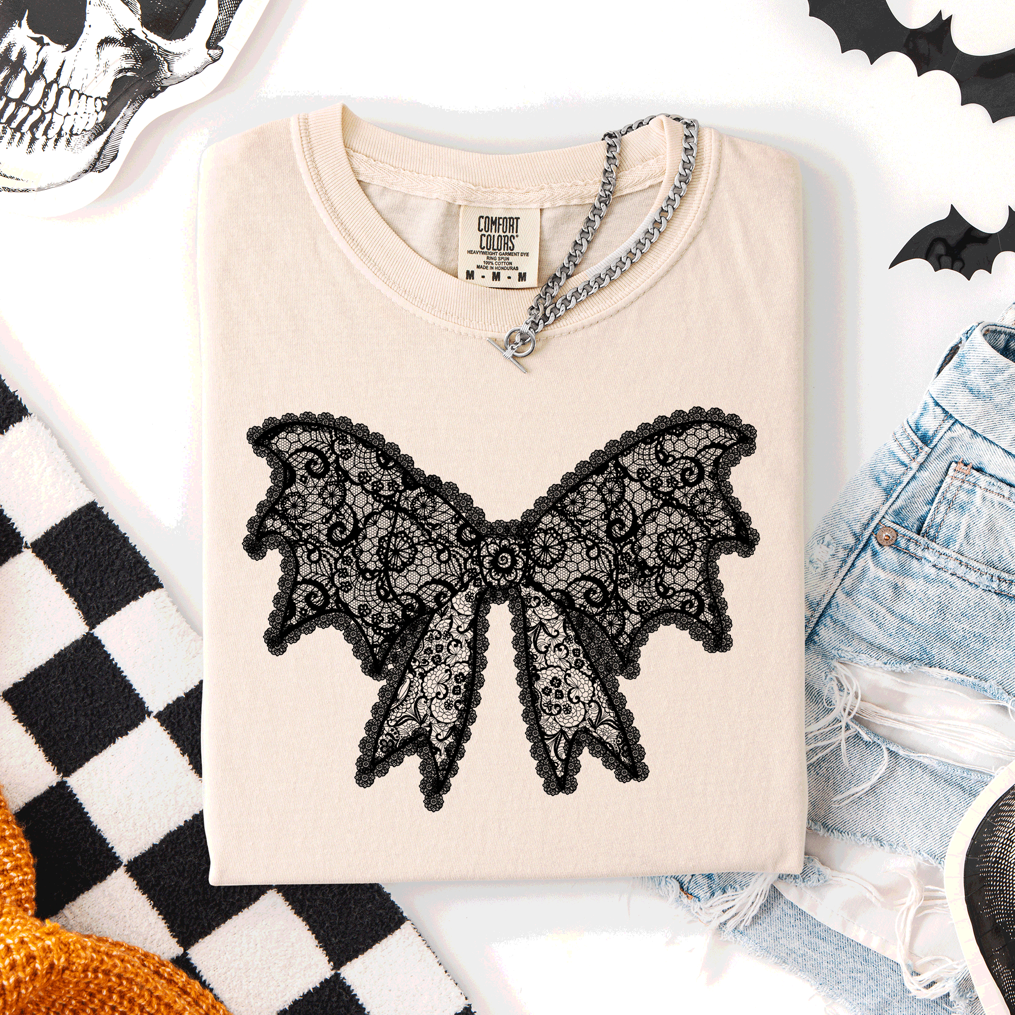 Lace Bow Halloween Goth Faux Lace Ribbon Coquette Silhouette Across The Night Comfort Colors Tee