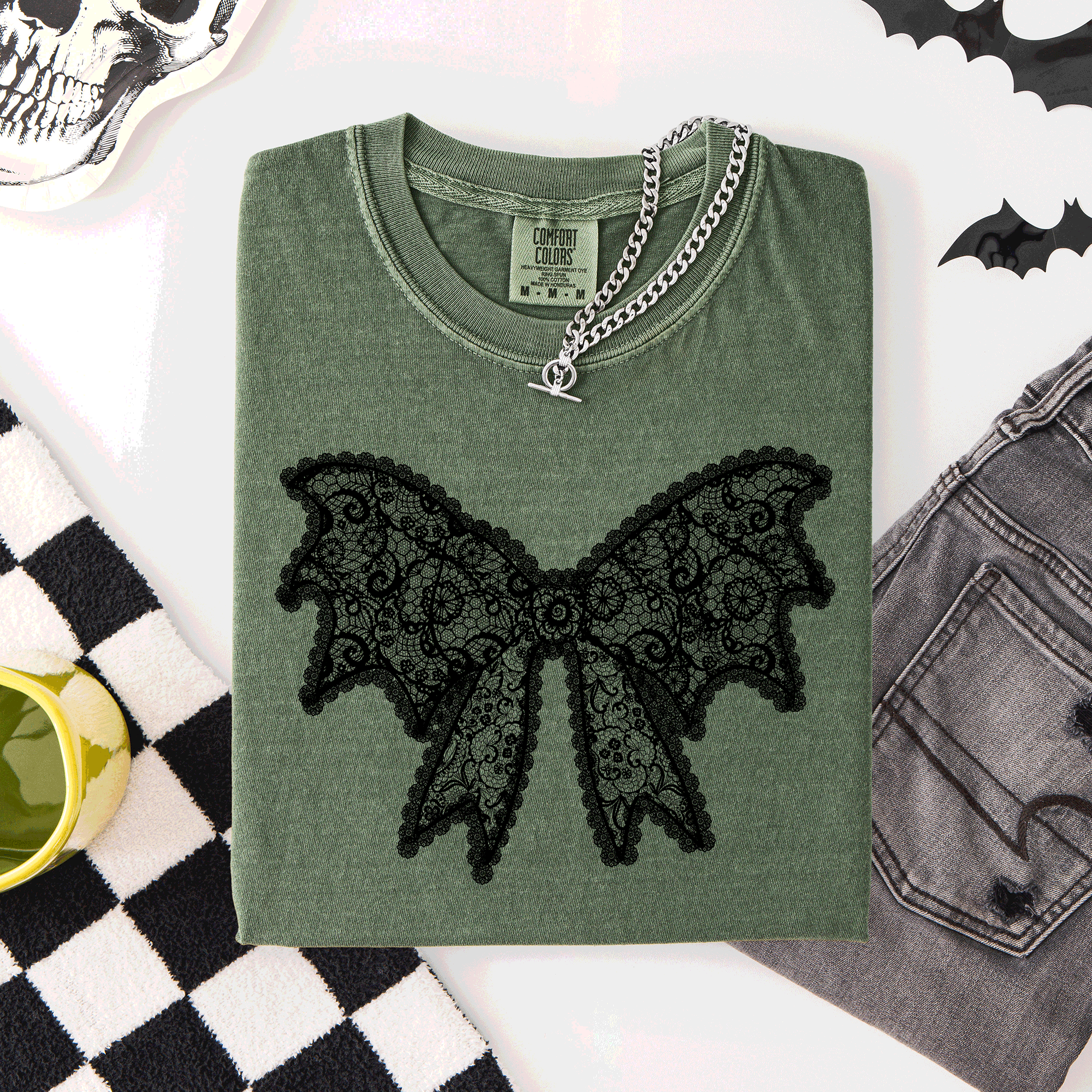 Lace Bow Halloween Goth Faux Lace Ribbon Coquette Silhouette Across The Night Comfort Colors Tee