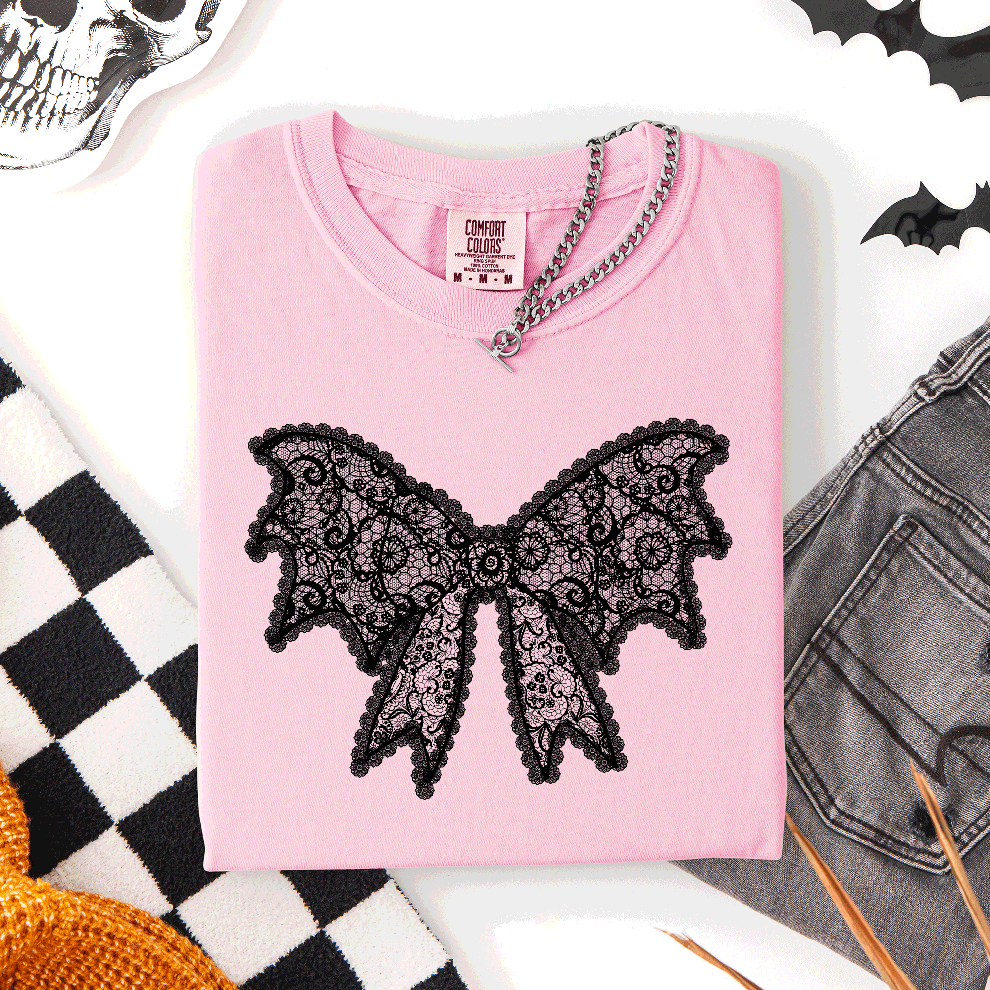Lace Bow Halloween Goth Faux Lace Ribbon Coquette Silhouette Across The Night Comfort Colors Tee