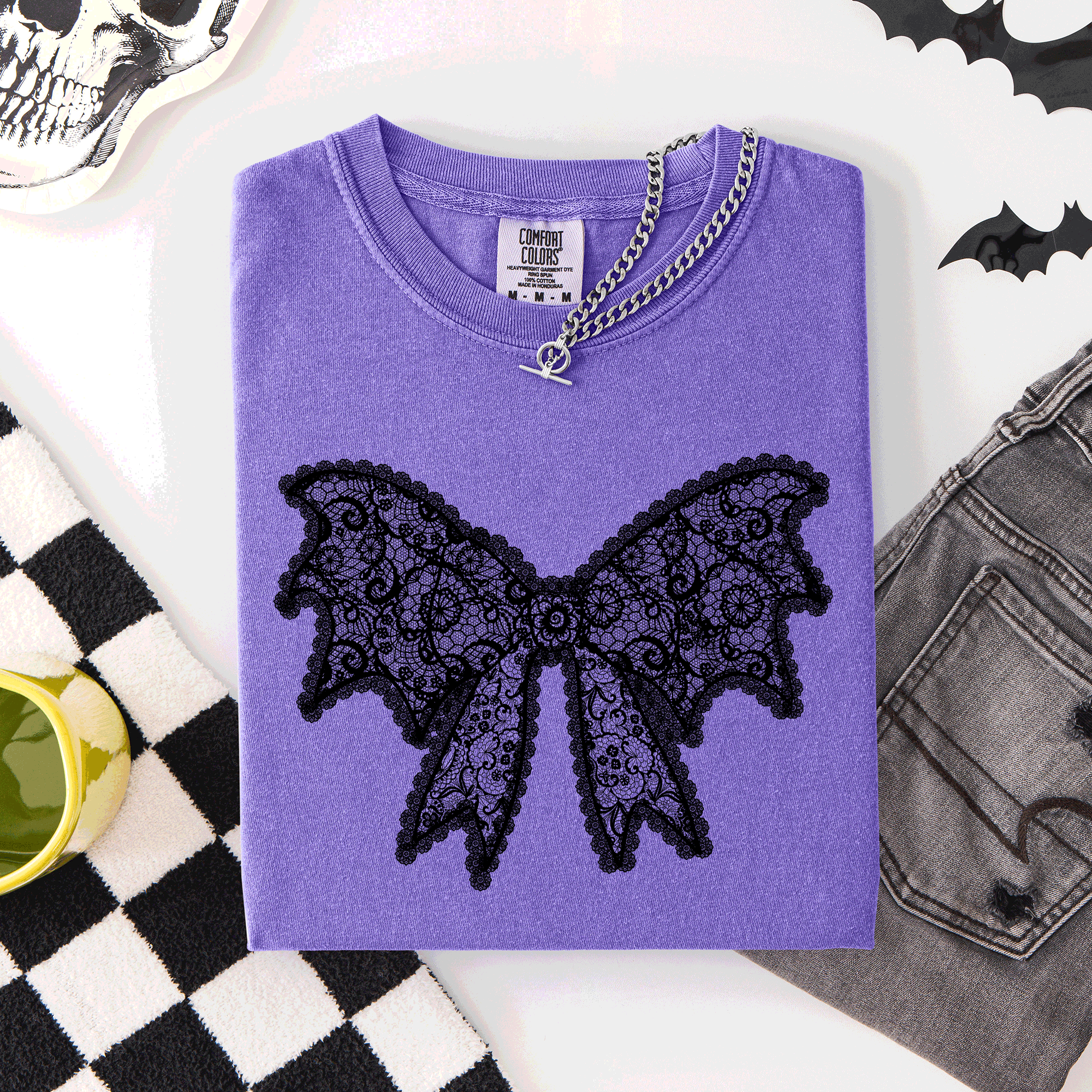 Lace Bow Halloween Goth Faux Lace Ribbon Coquette Silhouette Across The Night Comfort Colors Tee