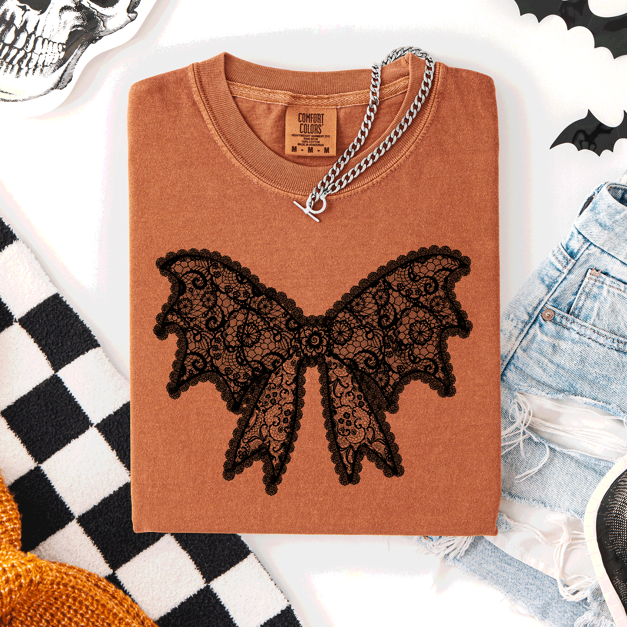 Lace Bow Halloween Goth Faux Lace Ribbon Coquette Silhouette Across The Night Comfort Colors Tee