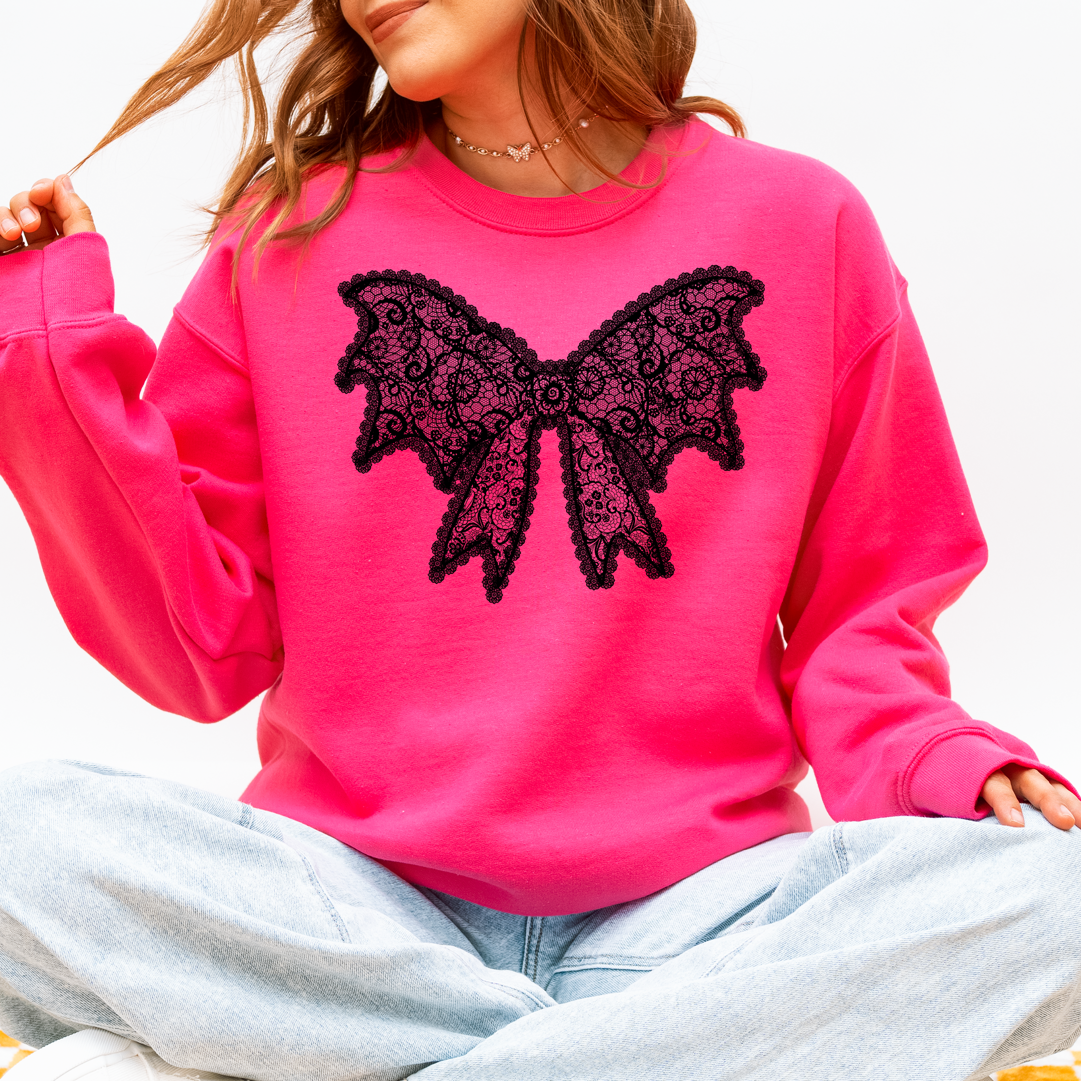 Lace Bow Halloween Goth Faux Lace Ribbon Coquette Ornate Embroidered Detail Sweatshirt