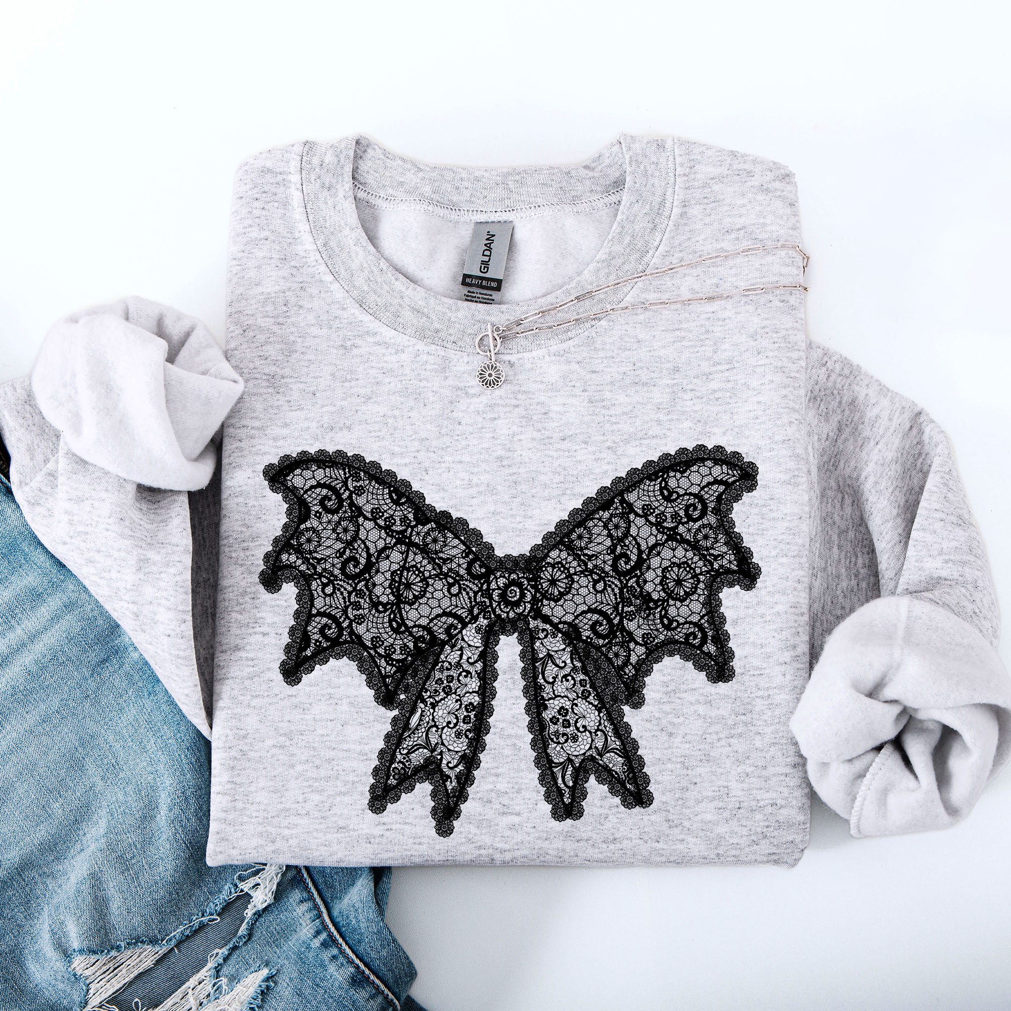 Lace Bow Halloween Goth Faux Lace Ribbon Coquette Ornate Embroidered Detail Sweatshirt